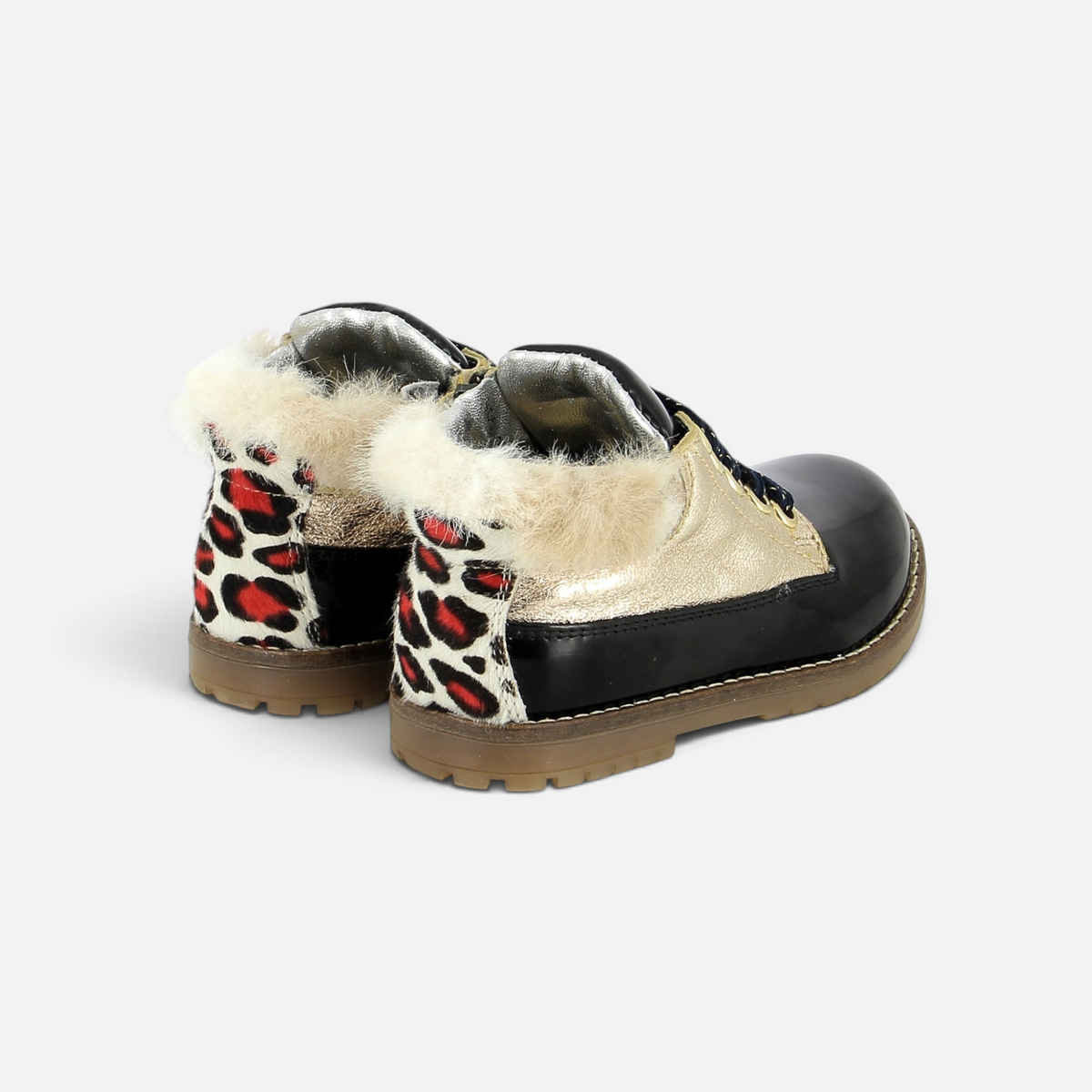 Pom d'Api Bob Black and Gold Ankle Boots with Leopard Print, Fur Collar, and Side Zipper