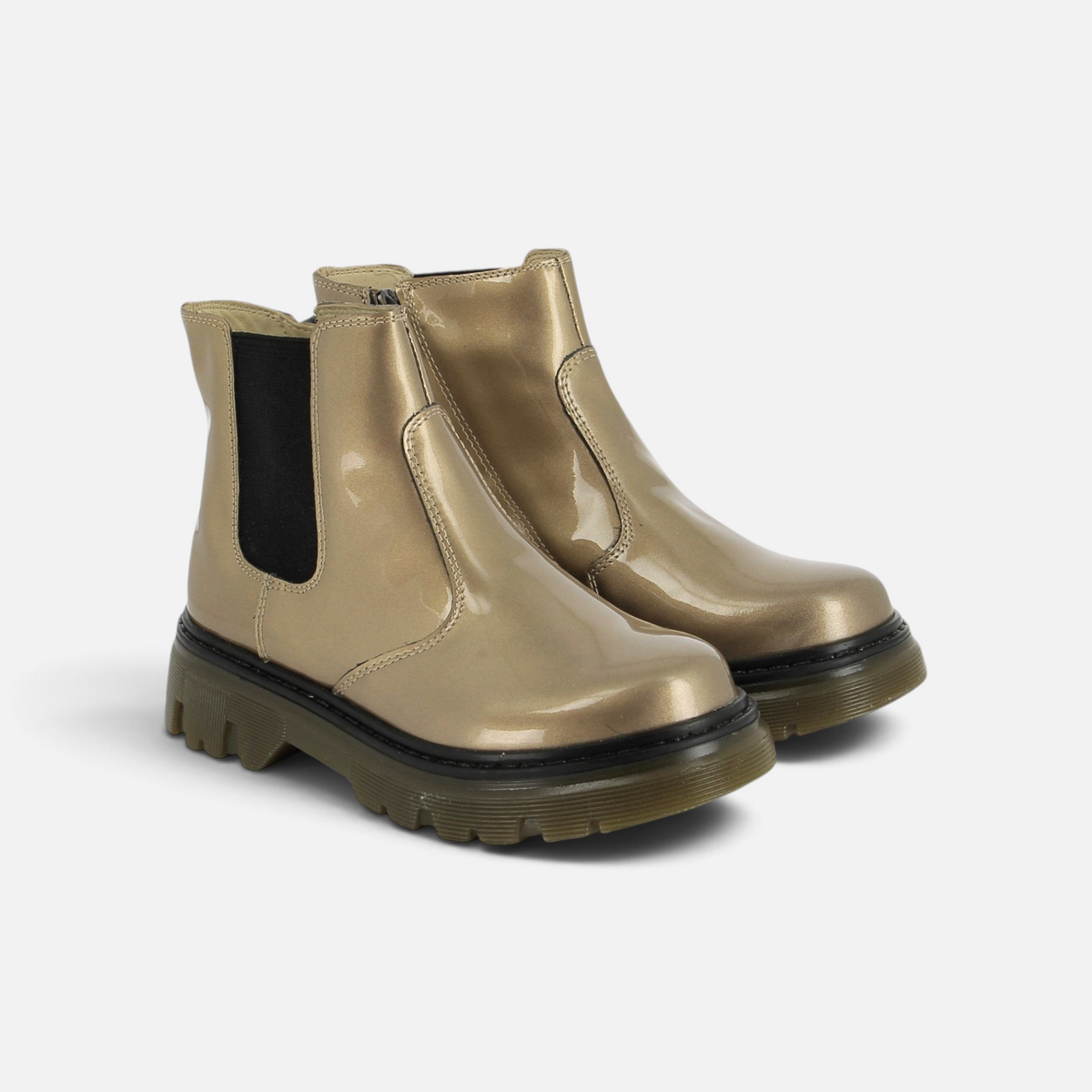 Pom d'Api -laarsjes Clap Jodzip van platina-kleurig metallic lakleer met profielzool en ritssluiting aan de zijkant