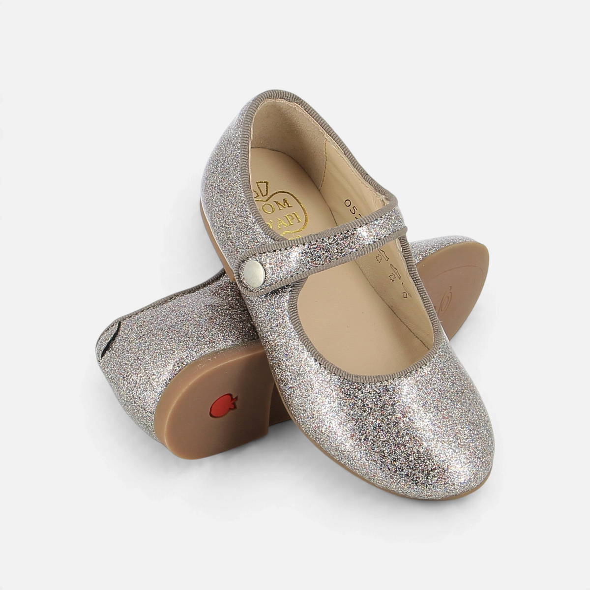 Ballerines Pom d'Api Daisy Baby en cuir pailleté argenté avec bride à scratch et semelle intérieure confortable