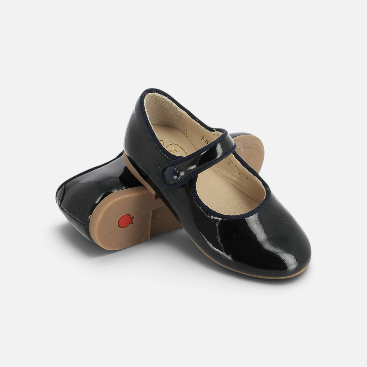 Ballerines Pom d'Api Daisy Baby en cuir vernis bleu marine avec bride à scratch et semelle intérieure confortable