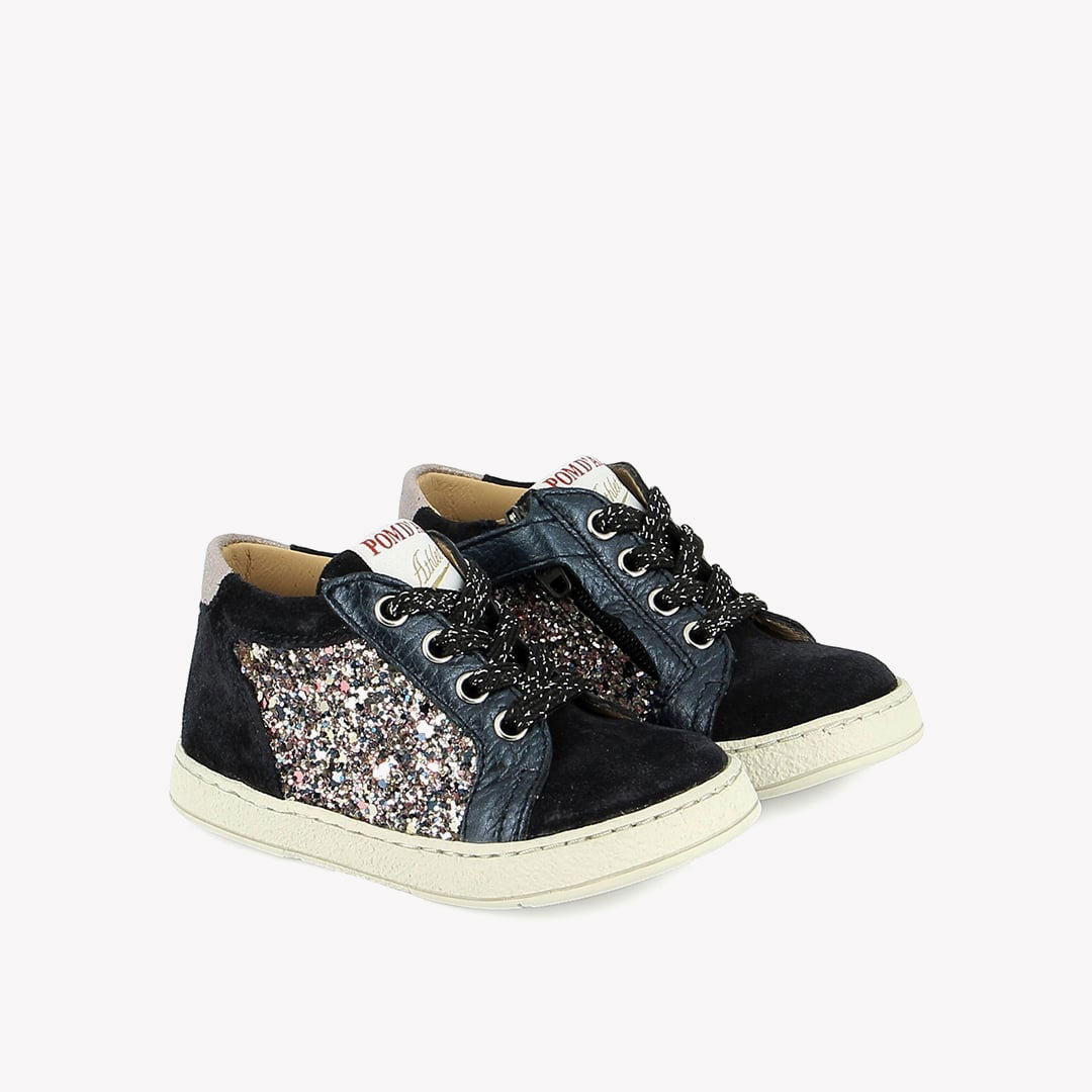 MOUSSE ZIP TOP - VELOURS-GLITTER - NAVY-MULTI PINK POM D'API
