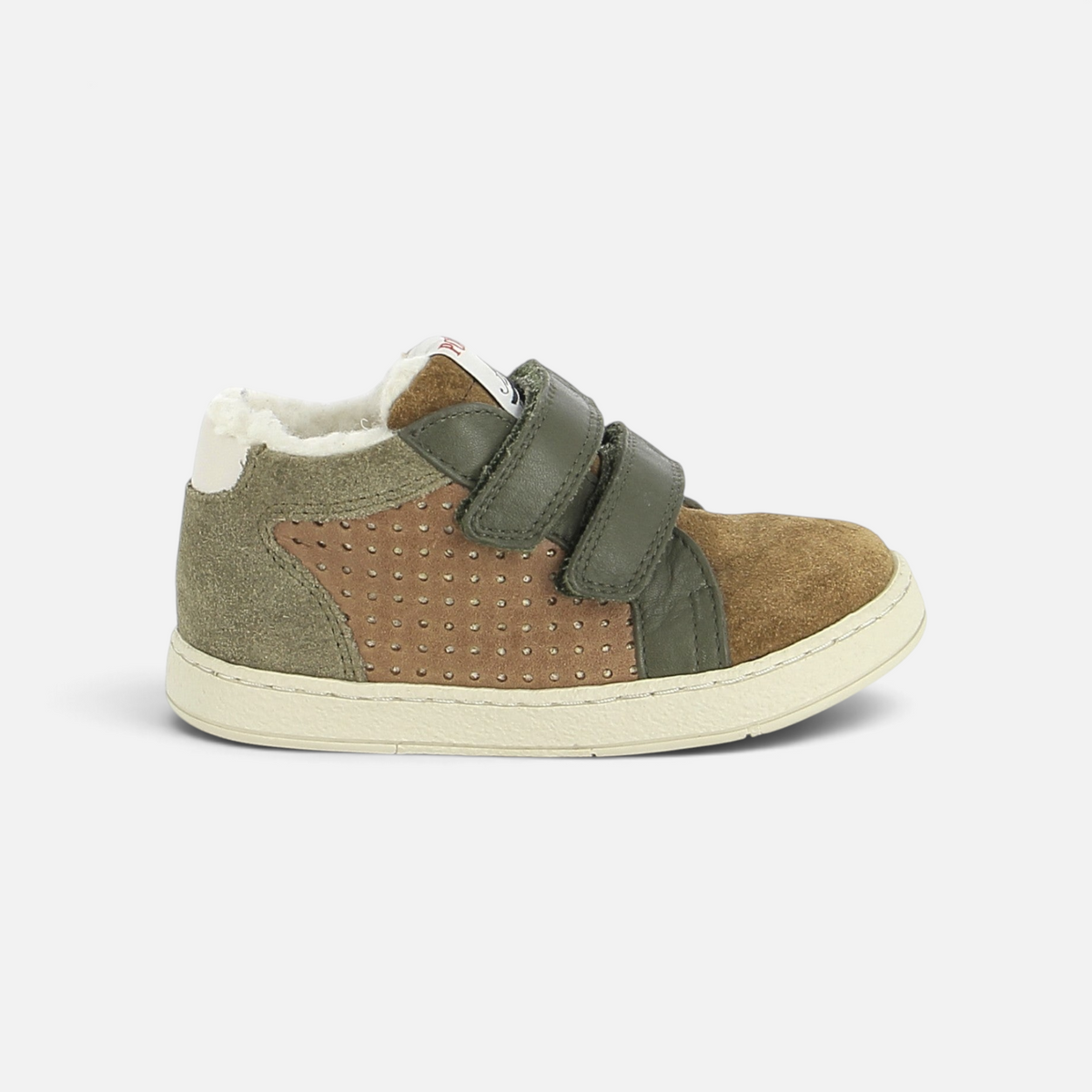 Basket montante fourrée Pom d'Api en cuir velours camel et olive avec fermetures velcro et semelle souple