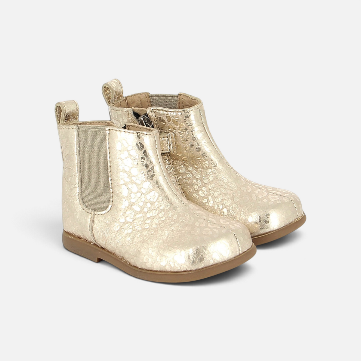 Bottines premiers pas Pom d'Api dorées en cuir texturé avec fermeture éclair et élastique pour enfant