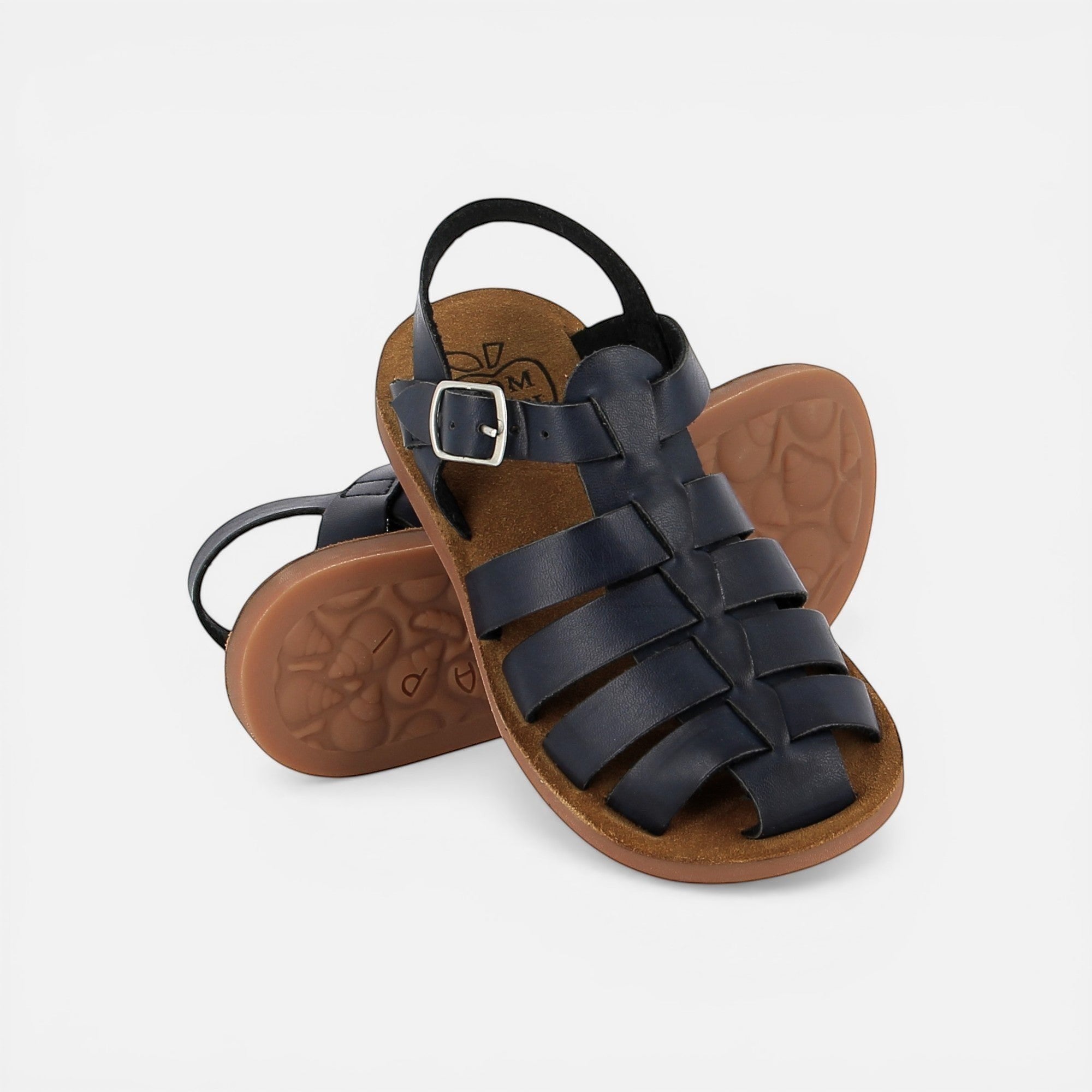 Pom d'Api dark blue leather gladiator sandals with buckle strap and memory foam insole.