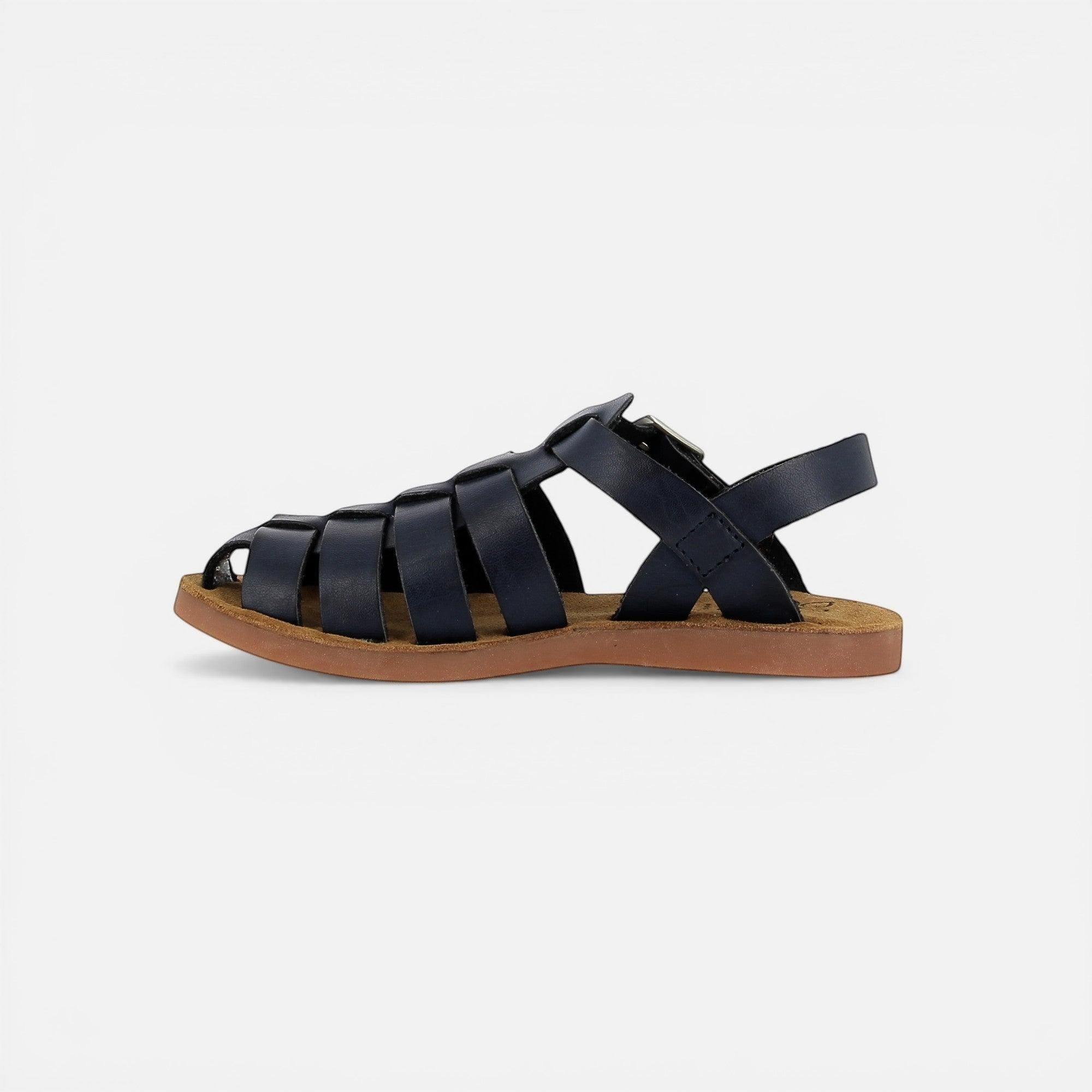 Pom d'Api dark blue leather gladiator sandals with buckle closure and rubber sole.