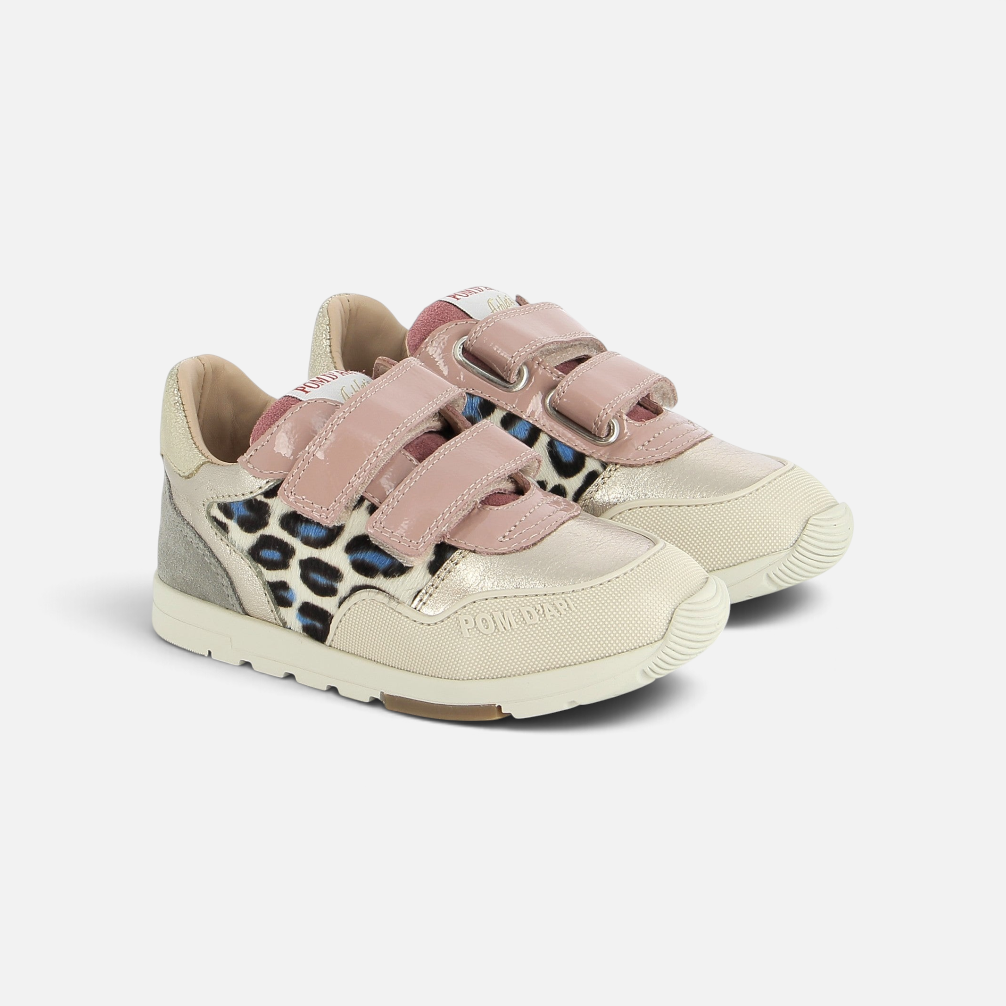 Baskets Pom d'Api Pouss Race Bump en cuir vernis nude et rose avec motif léopard et fermetures à scratch