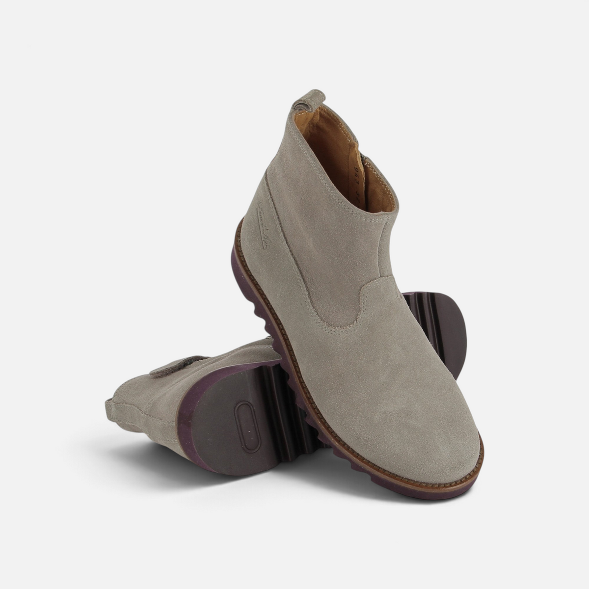 Bottines Pom d'Api Ripple en cuir velours taupe avec semelle crantée antidérapante et fermeture éclair latérale