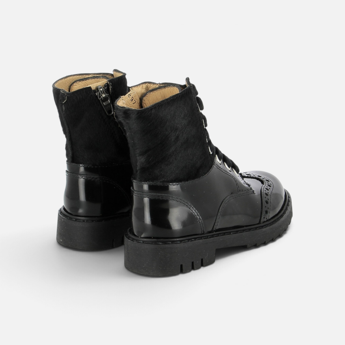 Pom d'Api id Hi Derby Ankle Boots in black patent leather and pony-style leather with a lug sole and zipper closure