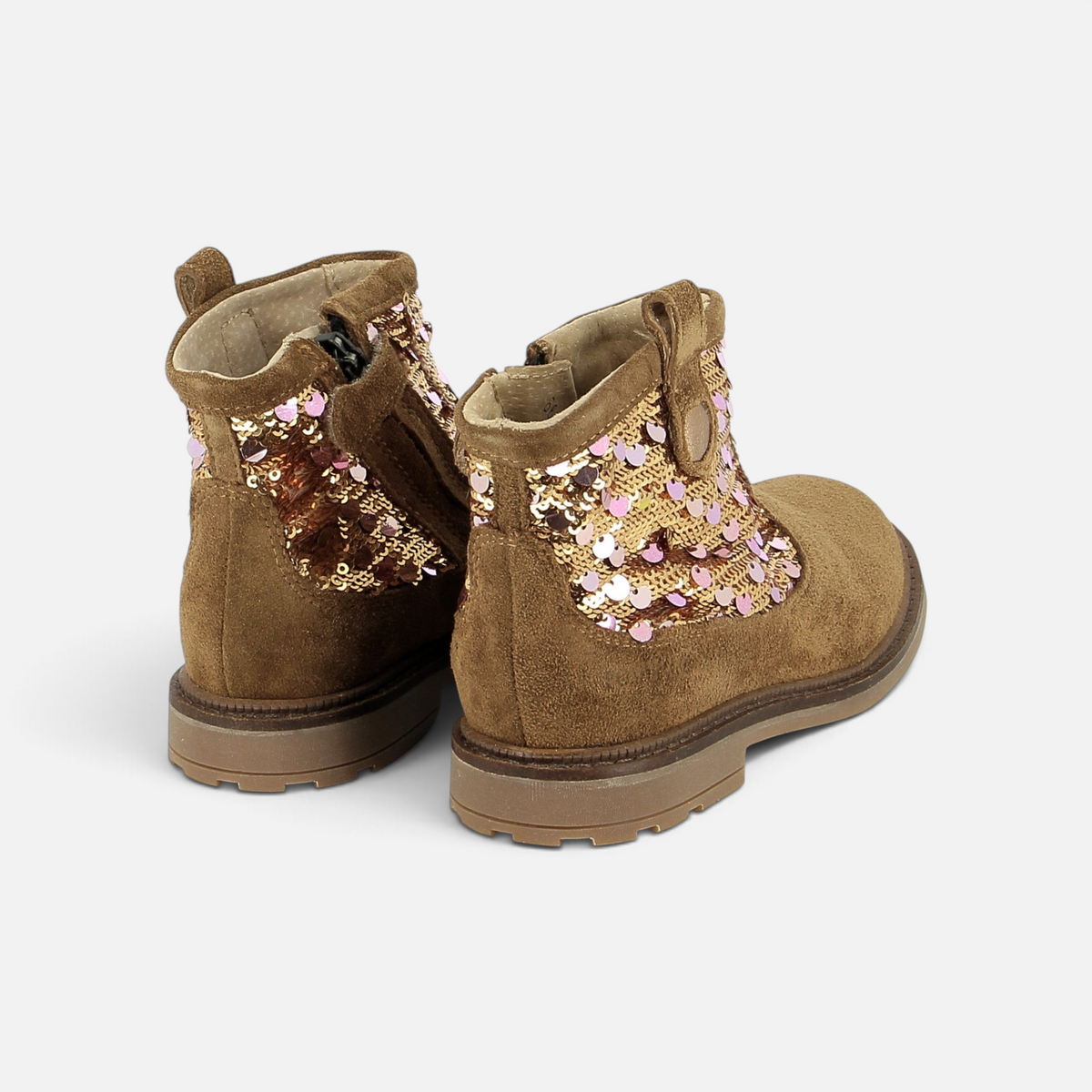 Pom d'Api ' "Sister" ankle boots in brown velvet with sparkling honey- and platinum-colored sequins and a side zipper