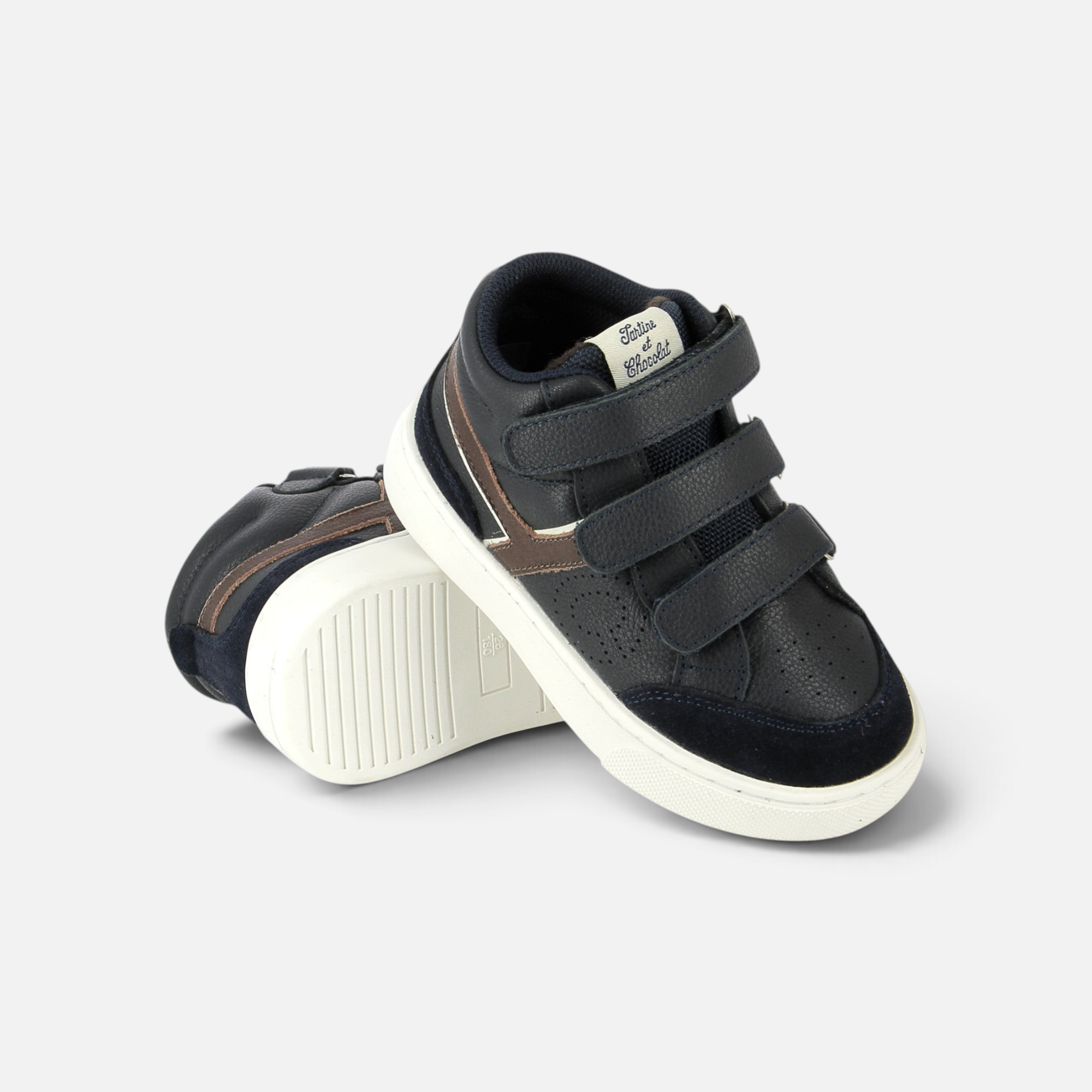 Pom d'Api TC 17 HI EASY hoge sneakers van blauw en chocoladebruin suède en nappa, met klittenbandsluitingen
