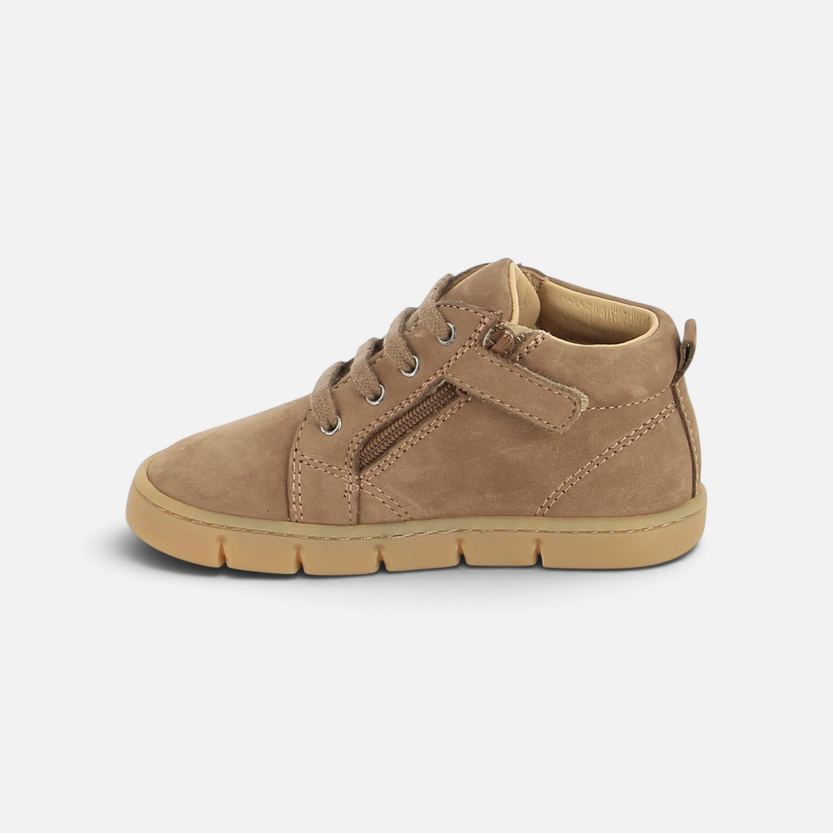 Pom d'Api Teko barefoot shoe in light brown nubuck with laces, a side zipper, and a flexible sole
