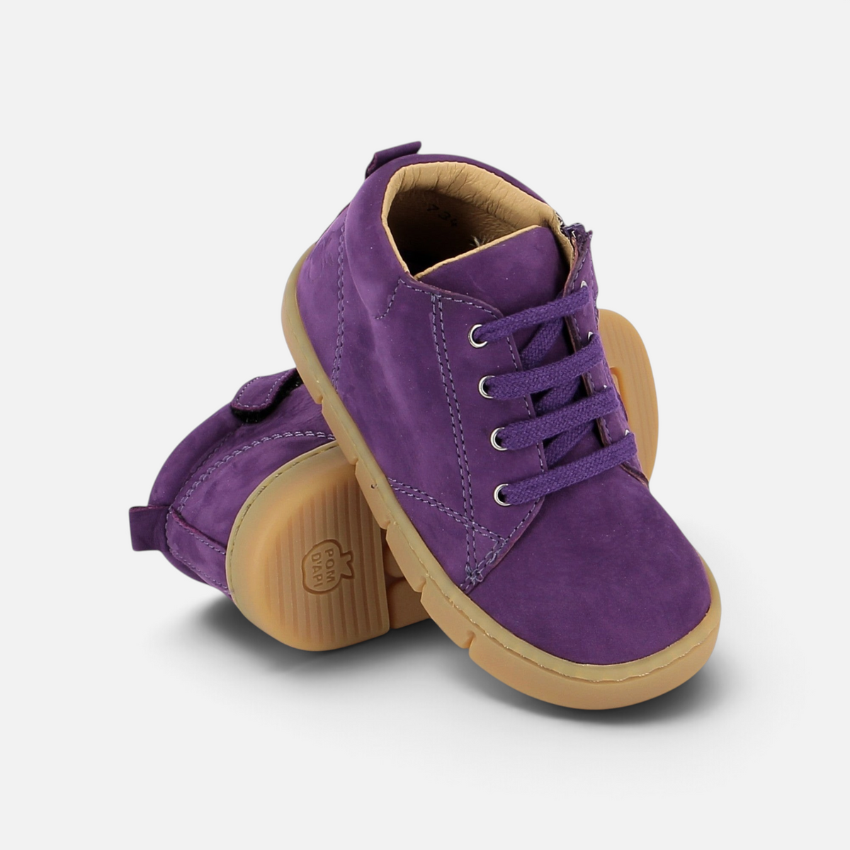 Pom d'Api Teko Zip barefoot shoes in purple suede with laces, a side zipper, and a flexible sole