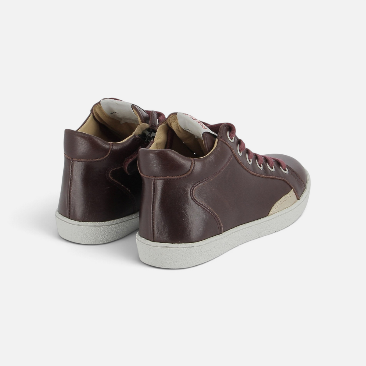Baskets montantes Pom d'Api Top Zippy en cuir prune avec lacets, zip latéral et semelle en caoutchouc souple
