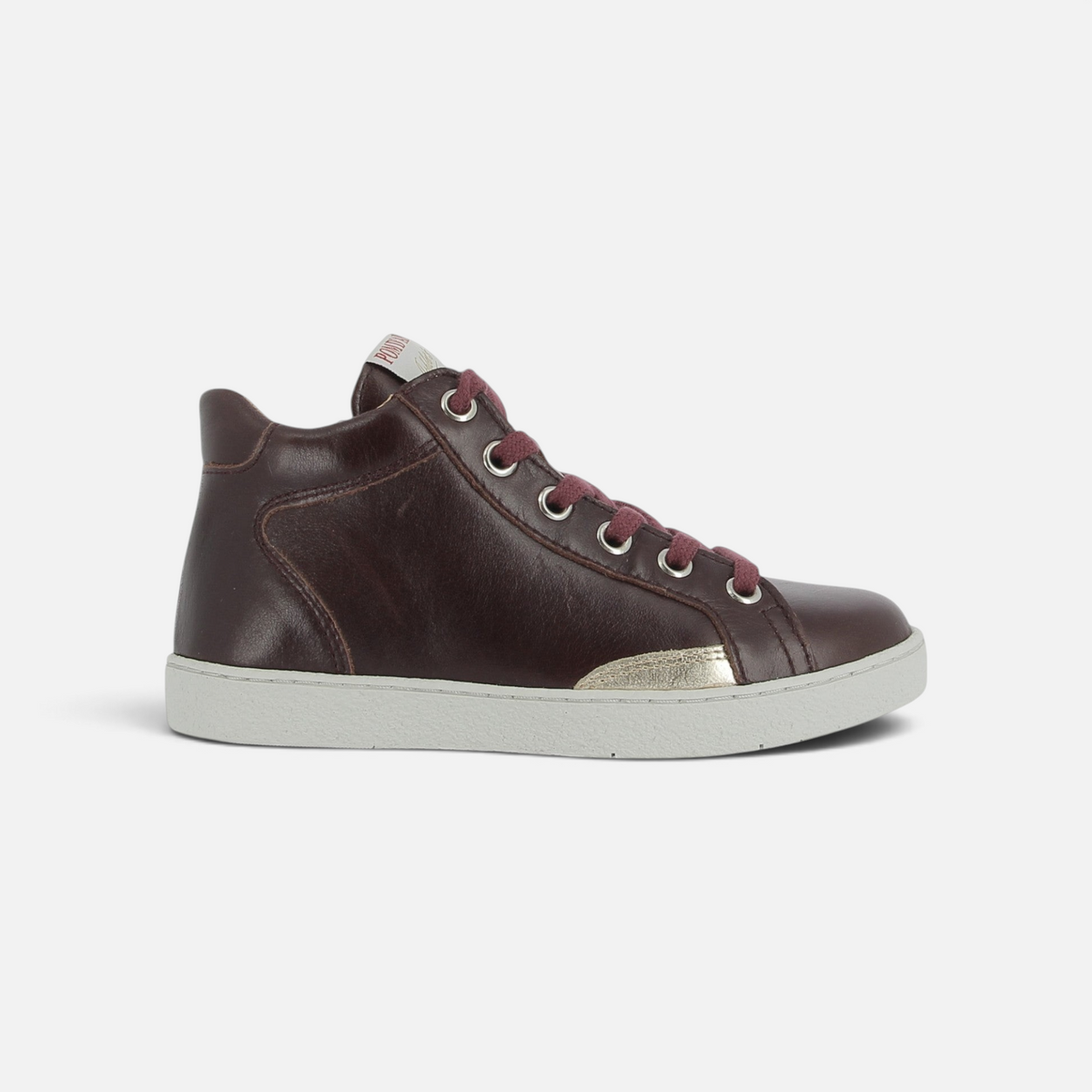 Basket montante Pom d'Api Top Zippy en cuir prune avec lacets assortis, zip latéral et semelle en caoutchouc gris