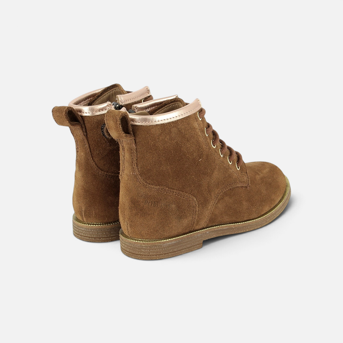 Bottines montantes Pom d'Api Trip Hi Lace SL en velours cognac avec détails métallisés dorés et lacets