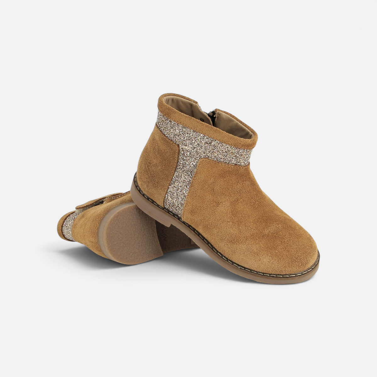 Boots Pom d'Api Trip Trott en cuir velours caramel avec détails glitter et fermeture zippée latérale