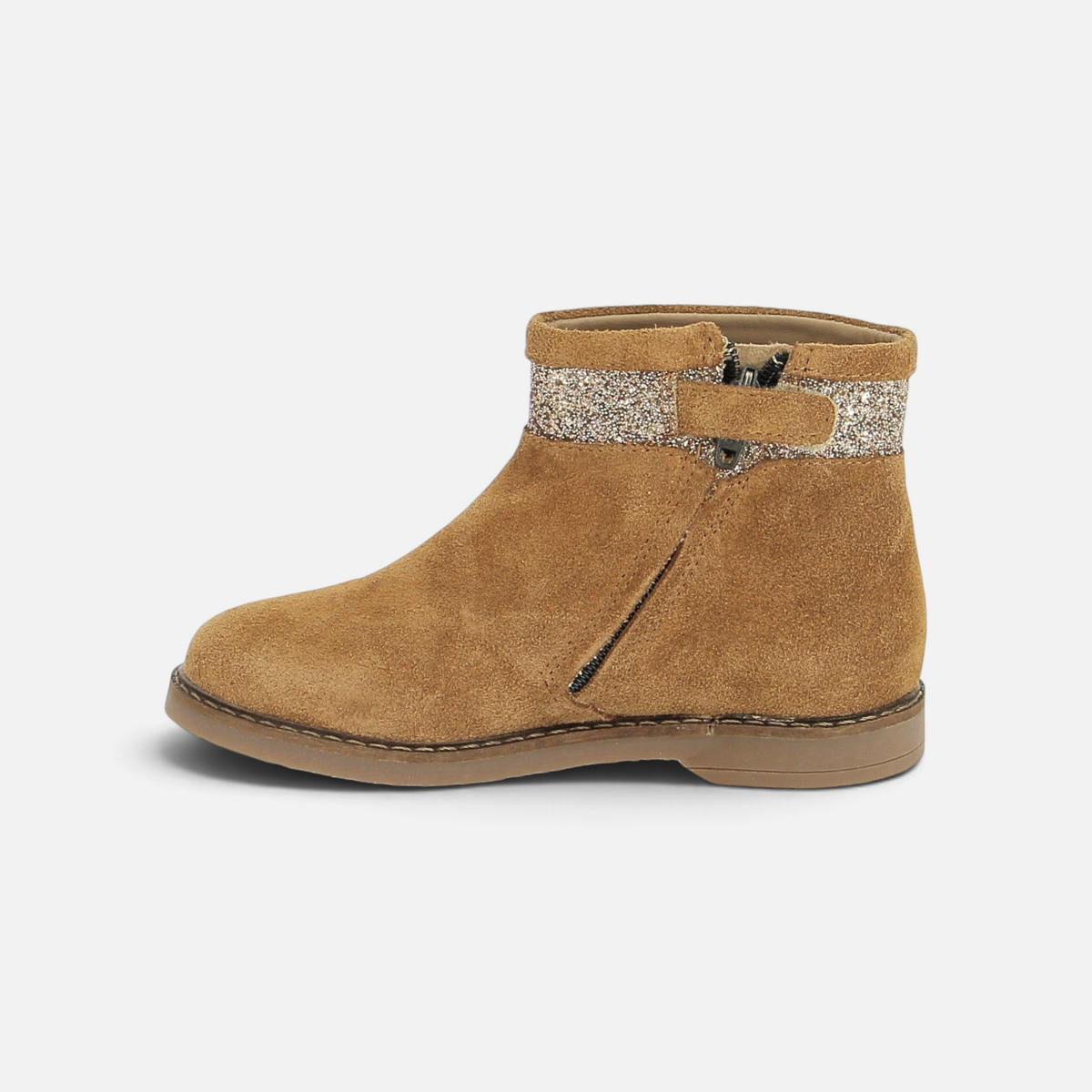 Boots Pom d'Api Trip Trott en cuir velours caramel avec détail glitter et fermeture zippée latérale