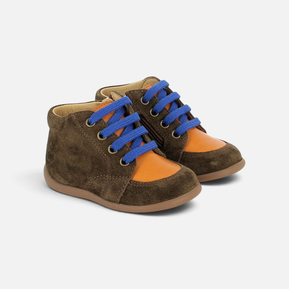 Pom d'Api First Steps Shoes in brown suede and orange smooth leather with blue laces and a zipper closure