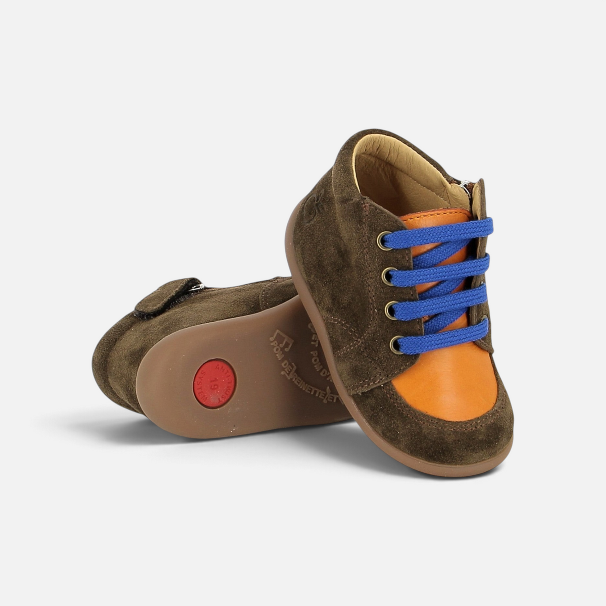 Pom d'Api First Steps Shoes in brown suede and orange leather with blue laces and a flexible, non-slip sole