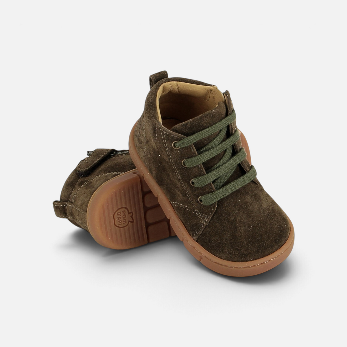 Pom d'Api Teko barefoot shoes in khaki suede with green laces, a flexible rubber sole, and a zipper closure