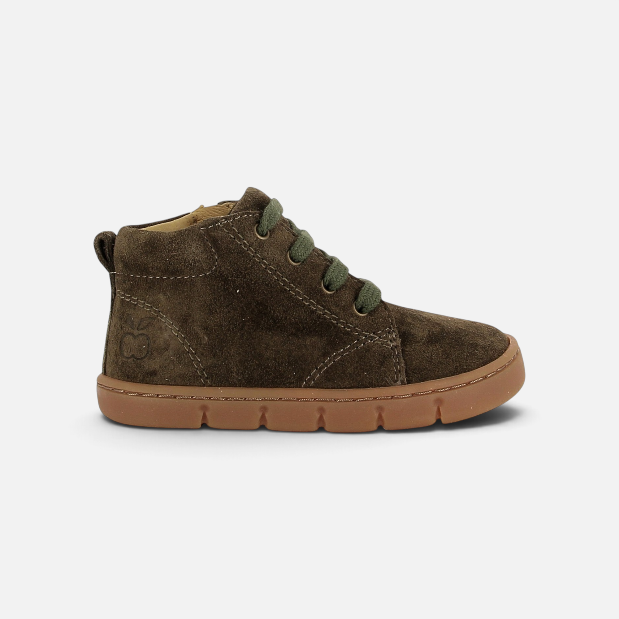 Pom d'Api Teko barefoot shoes in brown suede with khaki laces, a side zipper, and a flexible rubber sole