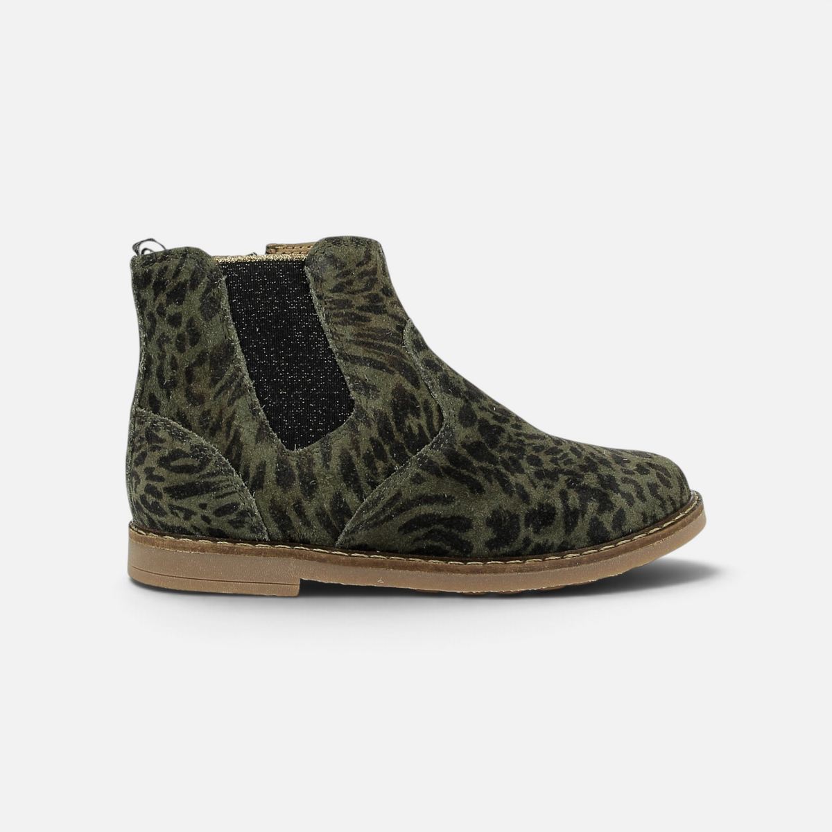 Chelsea boots Pom d'Api Trip en cuir kaki à motif léopard avec empiècement élastique noir et fermeture éclair latérale