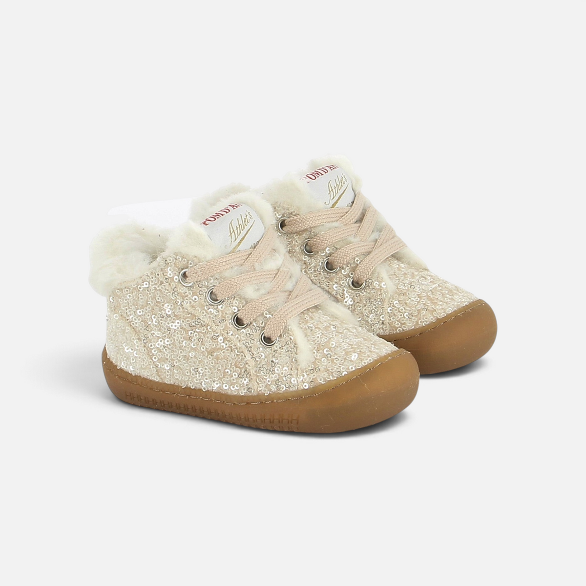 Chaussures premiers pas Pom d'Api Yaka Walk fourrées couleur crema avec sequins brillants et semelle souple barefoot