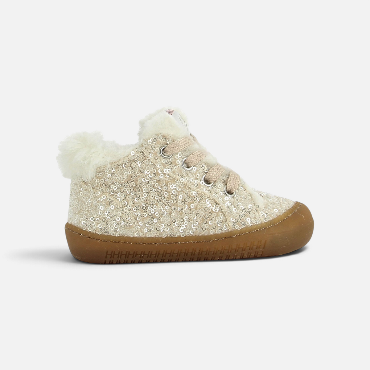 Chaussure premiers pas Pom d'Api Yaka Walk fourrée couleur crème avec sequins brillants et semelle souple barefoot