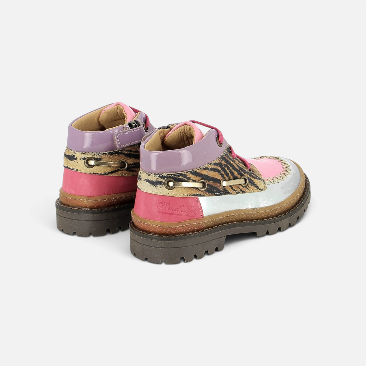 Pom d'Api Wall boat shoes in silver, pink, and animal-print leather with a lug sole and zipper closure
