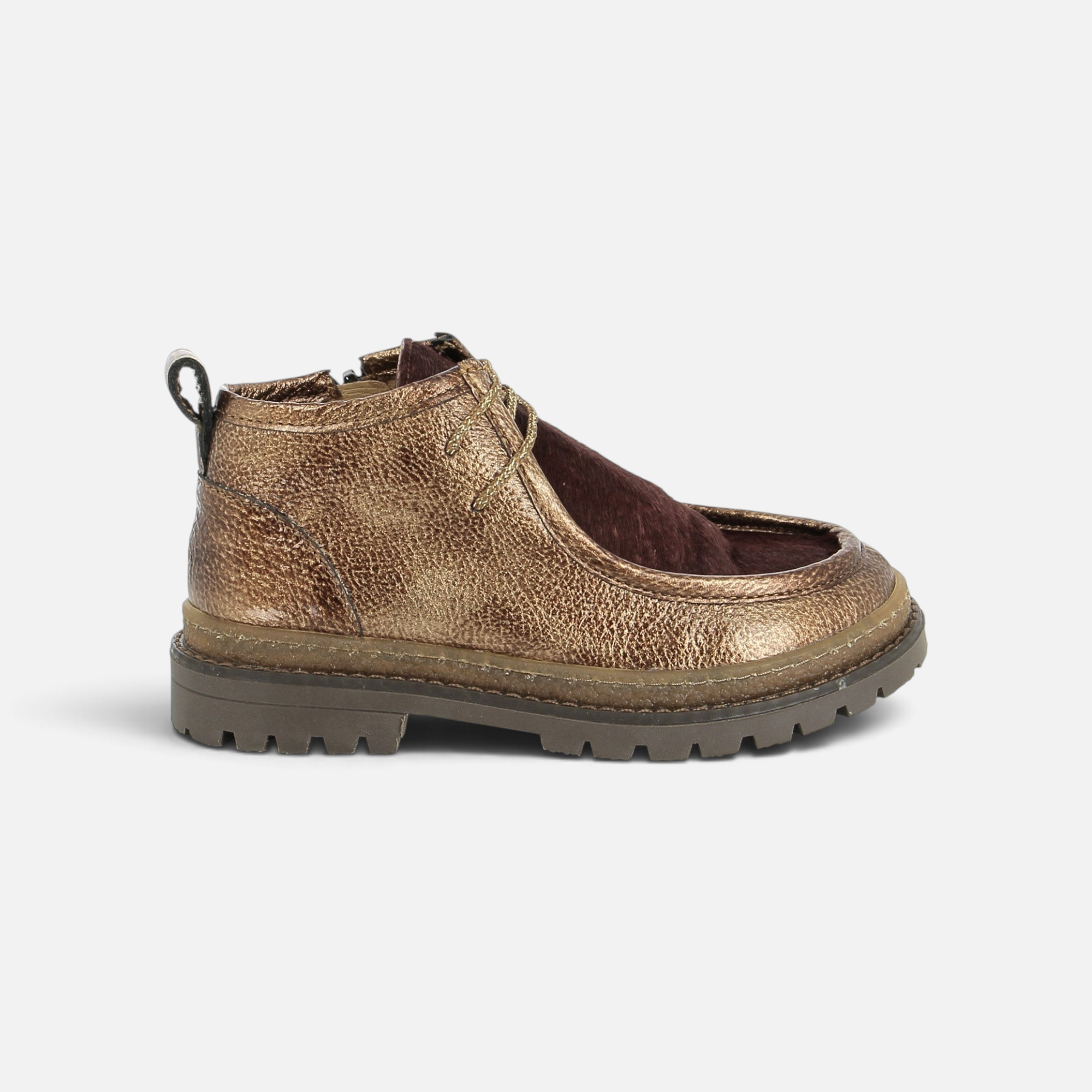 Bottines Pom d'Api Wall Zip Micky en cuir marron métallisé avec effet poney et semelle crantée robuste