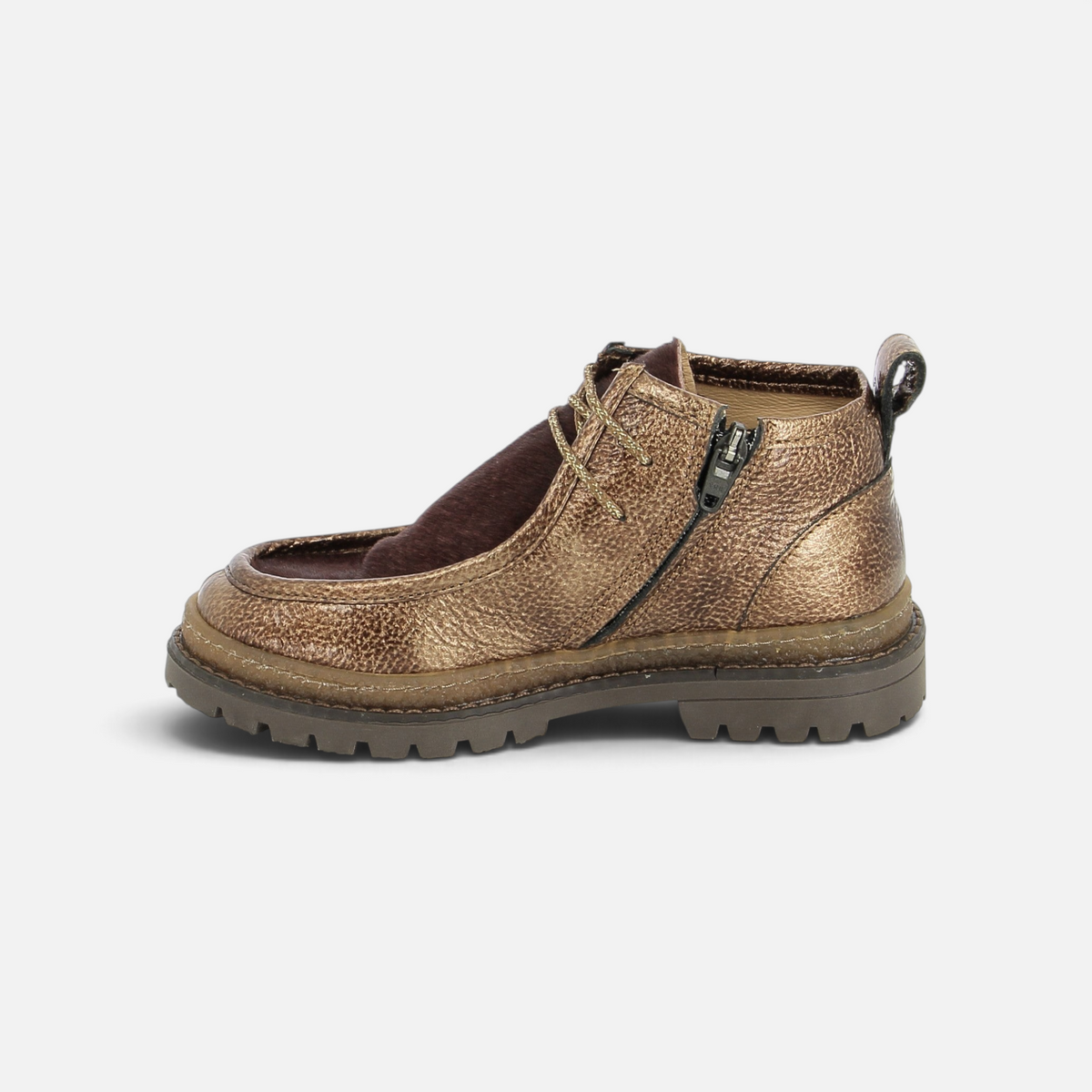 Chaussure montante enfant Pom d'Api Wall Zip Micky en cuir marron effet métallisé avec semelle crantée et fermeture zip