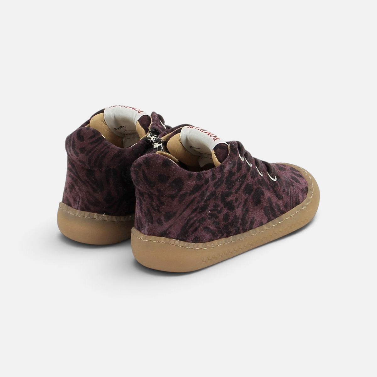 Chaussures barefoot Pom d'Api Yaka Walk Savana en daim violet à motif léopard avec semelle souple fine