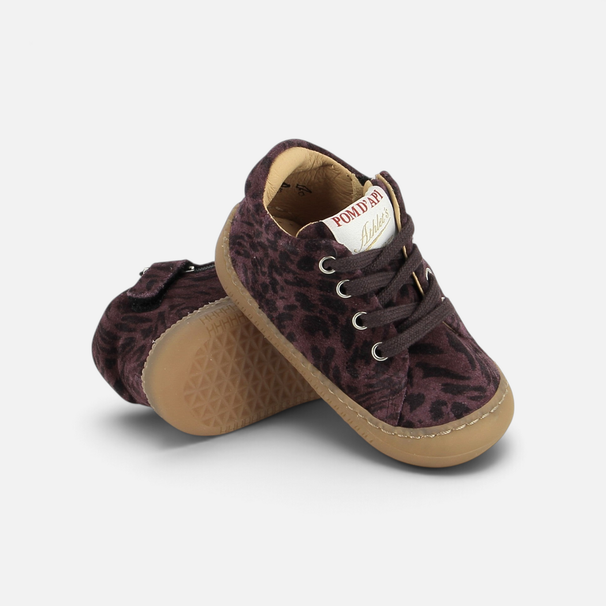 Chaussures barefoot Pom d'Api Yaka Savana en cuir velours violet à motif léopard avec semelle souple fine