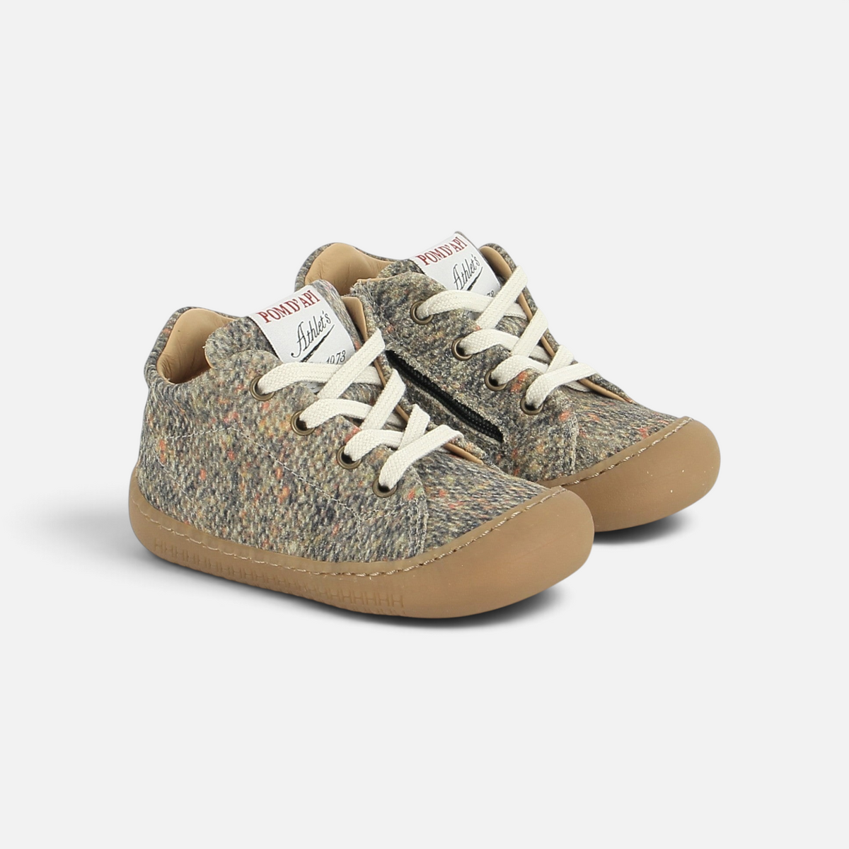Chaussures barefoot Pom d'Api Yaka Walk Arzachena en textile chiné multicolore avec semelle souple et lacets beiges