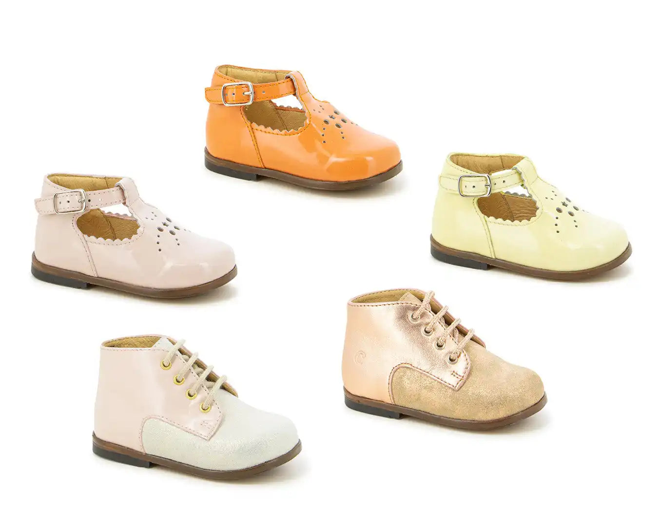 Collection of vintage leather booties for children in pastel colors.