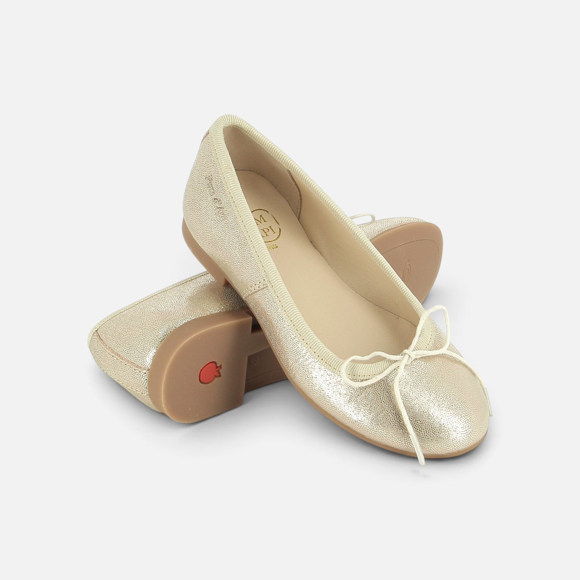 Ballerines Pom d'Api Dory Bal en cuir pailleté couleur sable avec petit nœud décoratif sur le dessus