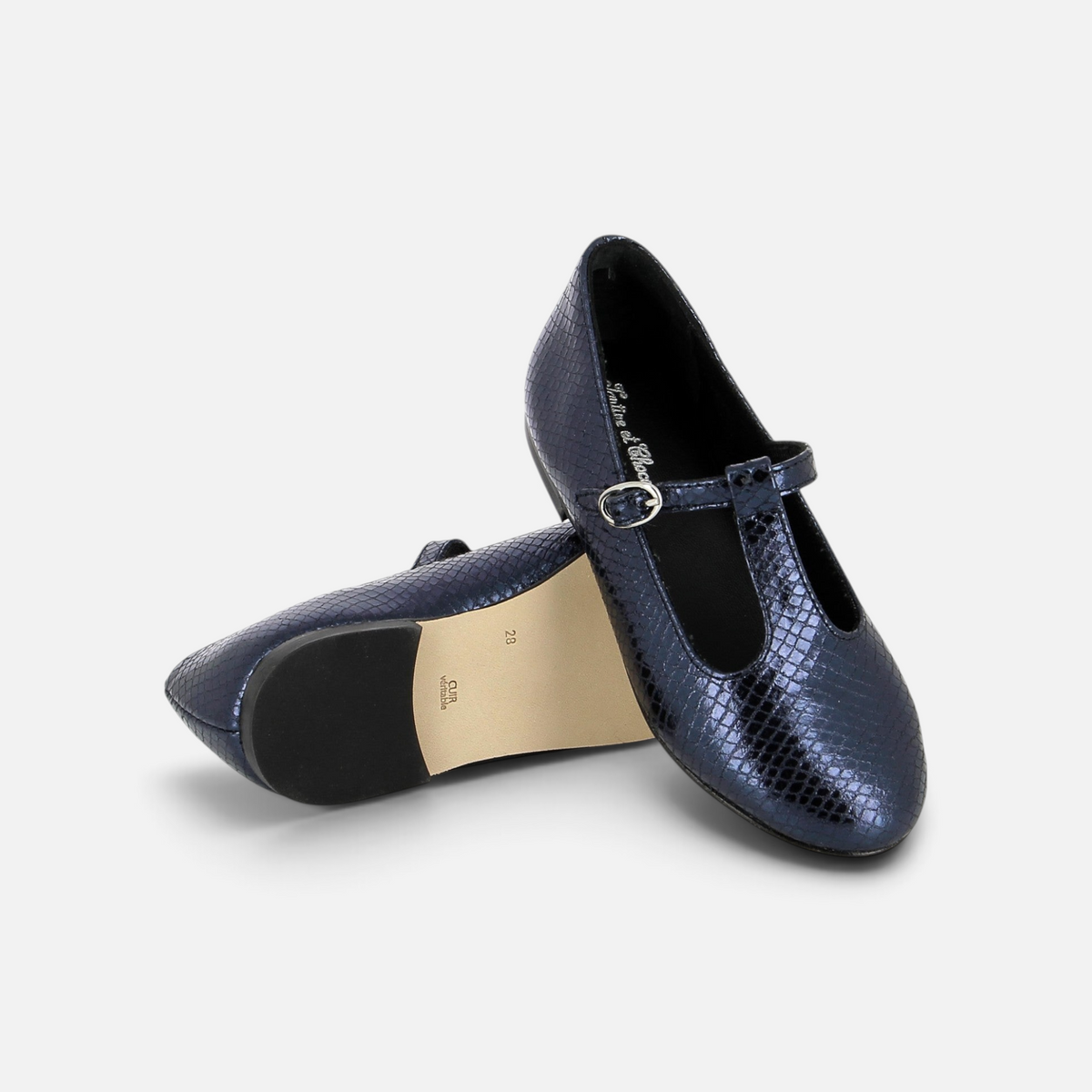 Ballerines Pom d'Api pour fille style salomé en cuir bleu effet serpent avec bride et boucle sur le cou-de-pied