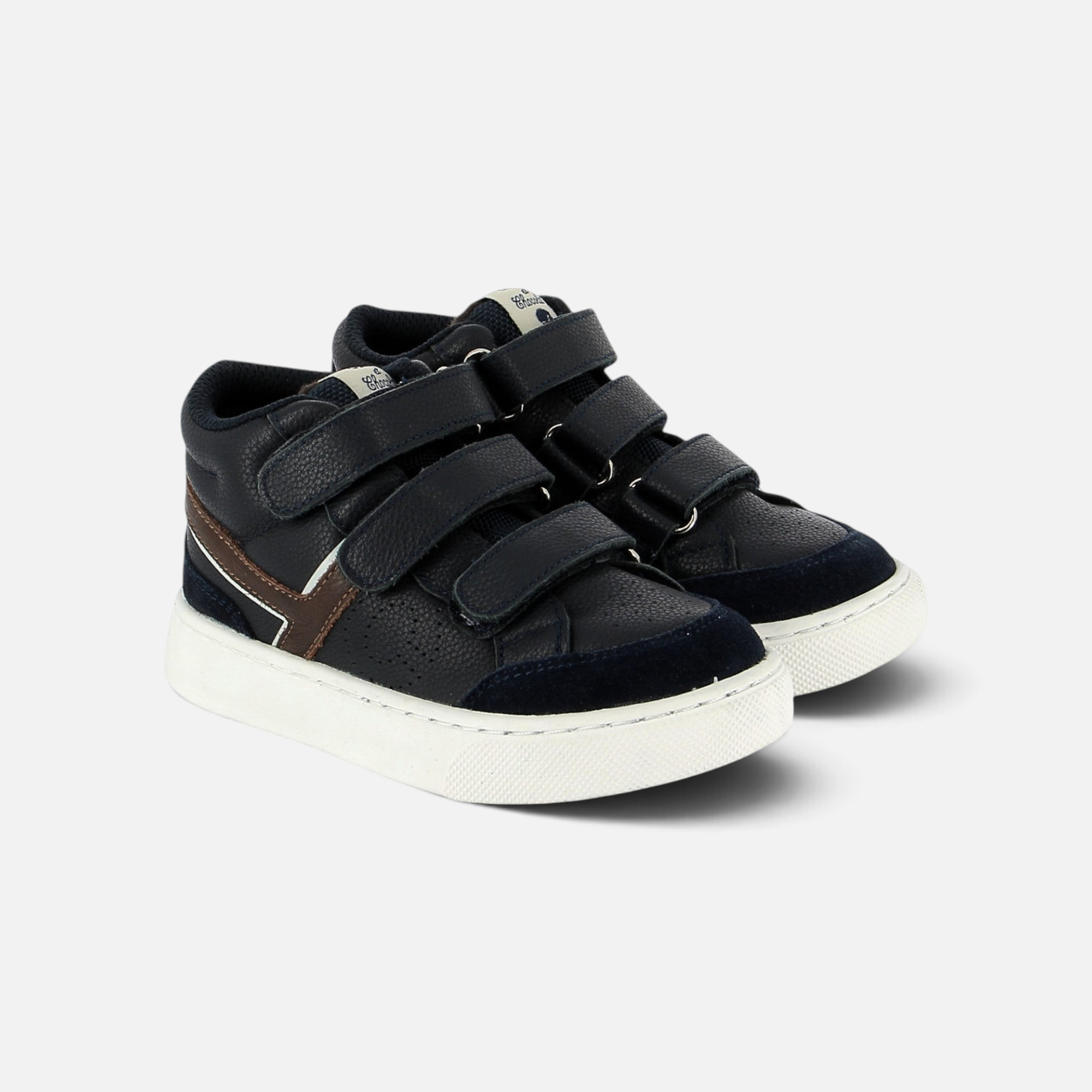 Basket montante Pom d'Api bleu marine en cuir avec double fermeture velcro et semelle cuvette blanche