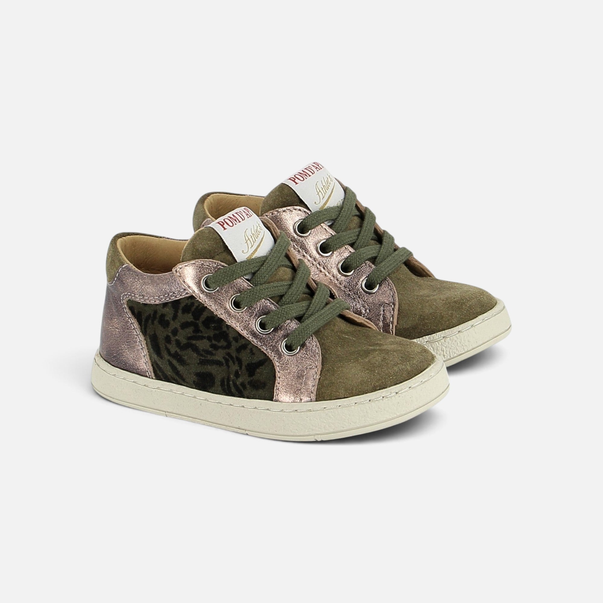 Baskets montantes Pom d'Api Mousse Zip en cuir velours kaki et cuir métallisé avec motif léopard et lacets verts