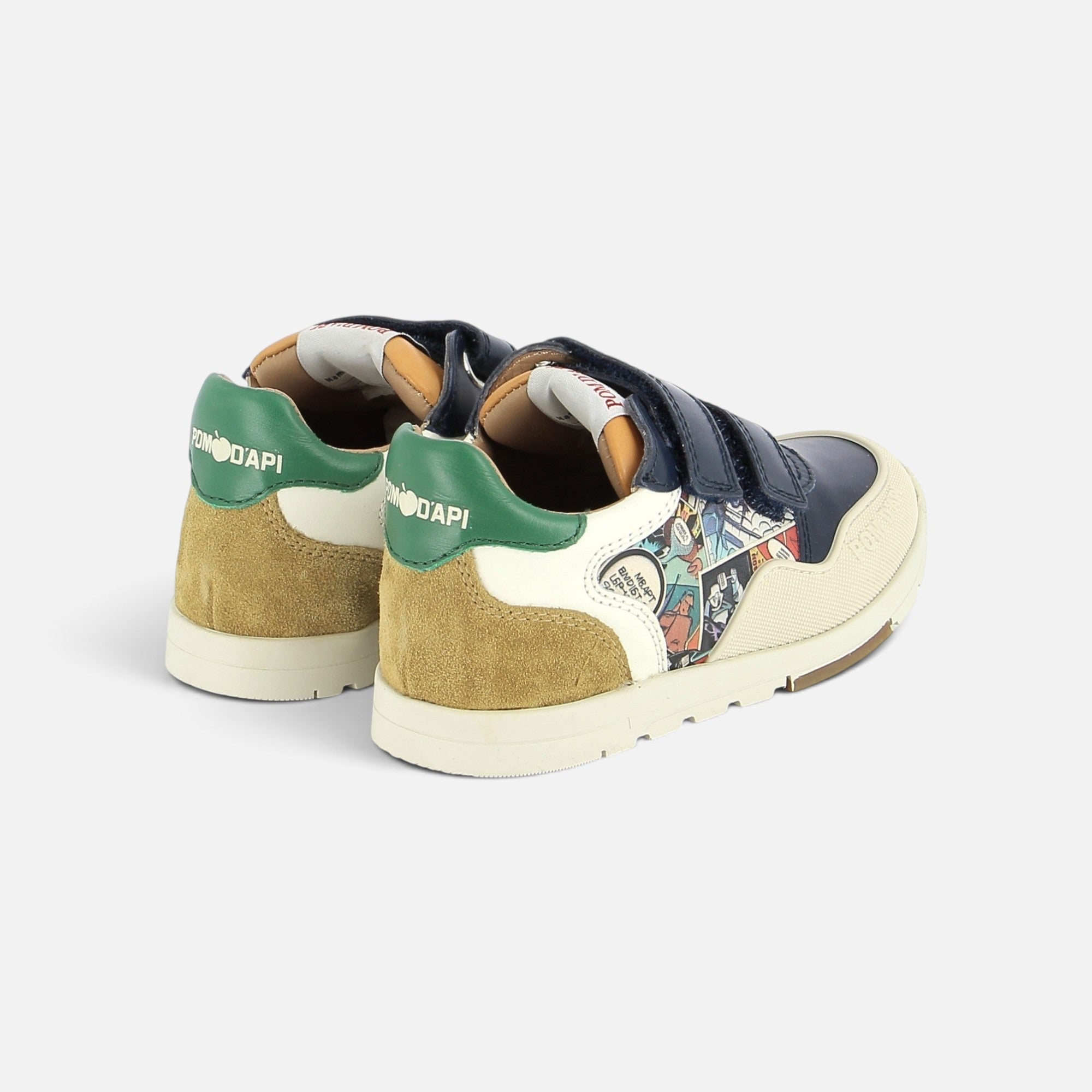 Baskets Pom d'Api Pouss Race Bump en cuir marine et daim beige avec scratchs et détails graphiques colorés