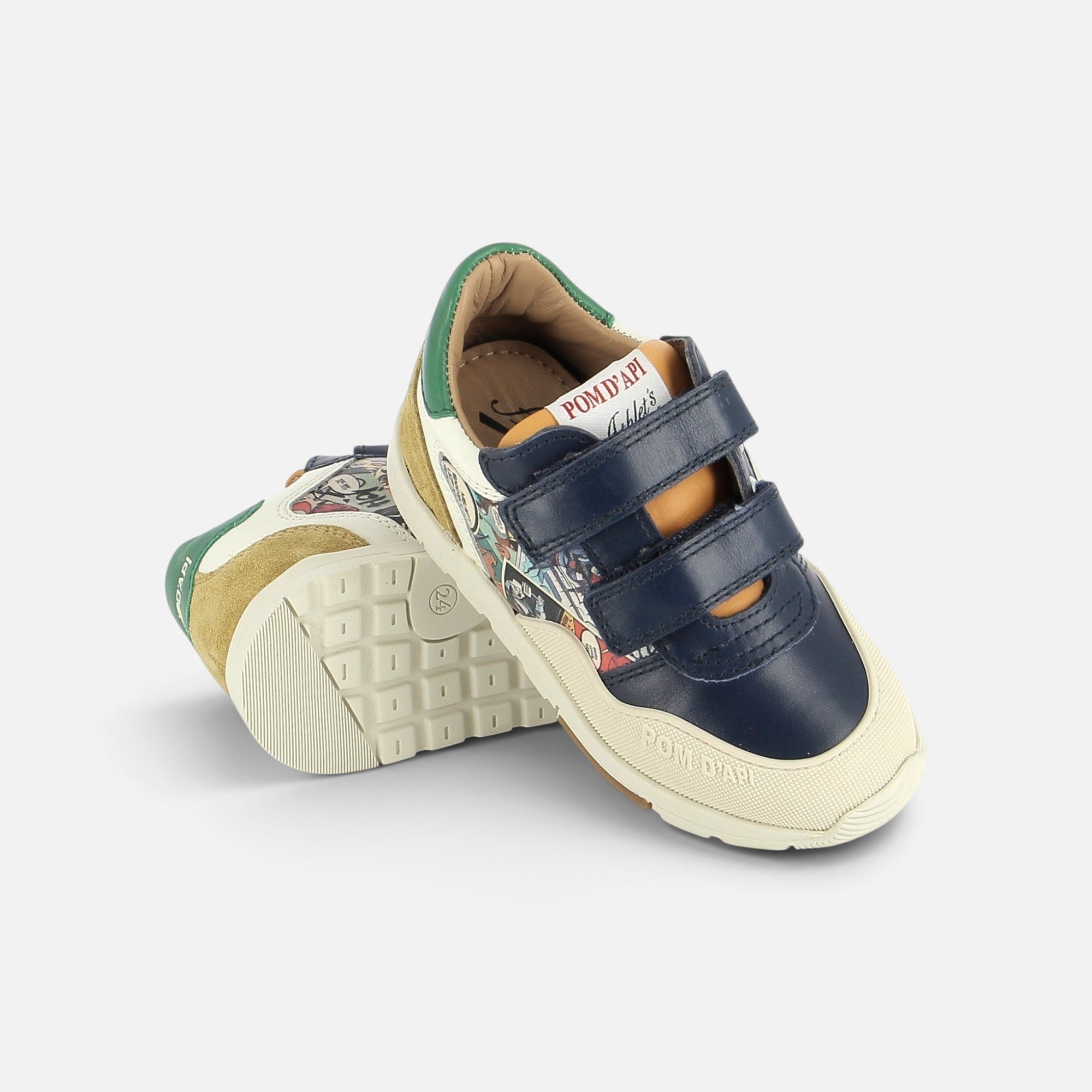 Baskets Pom d'Api style jogger en cuir nappa bleu marine et multicolore avec fermetures à scratch et semelle robuste