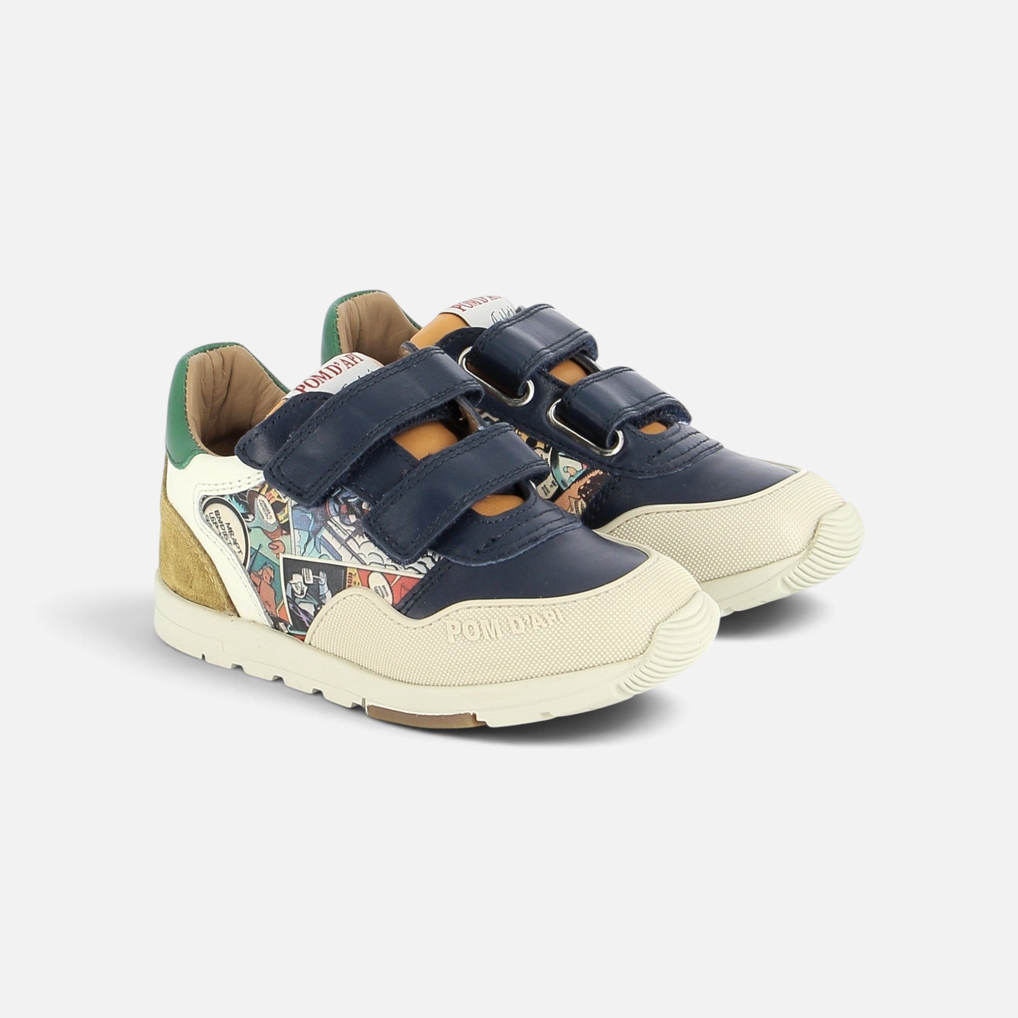 Baskets Pom d'Api Pouss Race Bump en cuir nappa bleu marine avec scratchs, détails colorés et semelle en caoutchouc