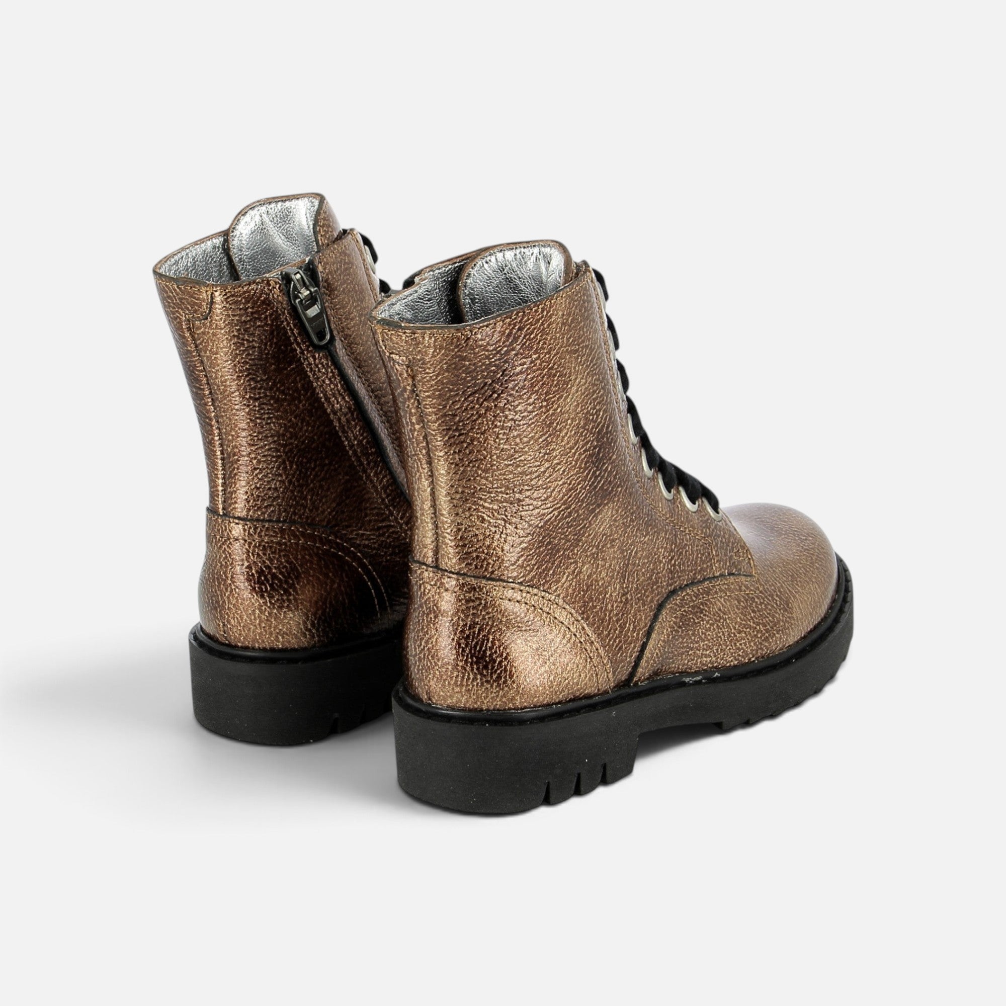 Boots Pom d'Api Sid Ranger en cuir métallisé bronze avec semelle crantée noire et fermeture éclair latérale