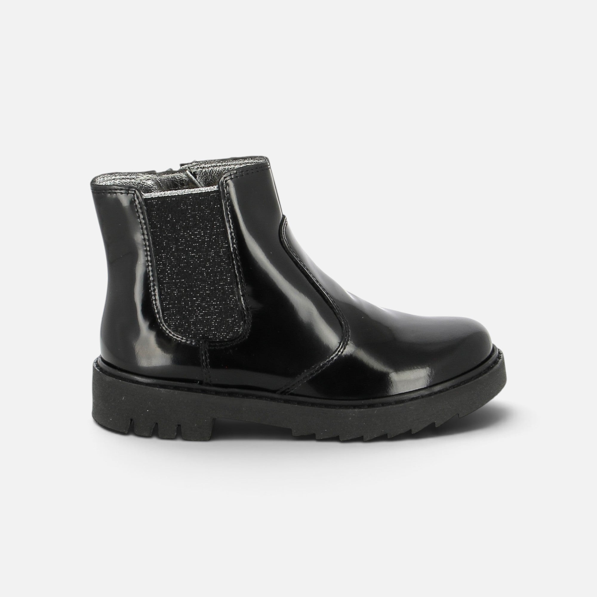 Boots Pom d'Api Sid noires en cuir verni avec semelle crantée épaisse et zip latéral pour enfant
