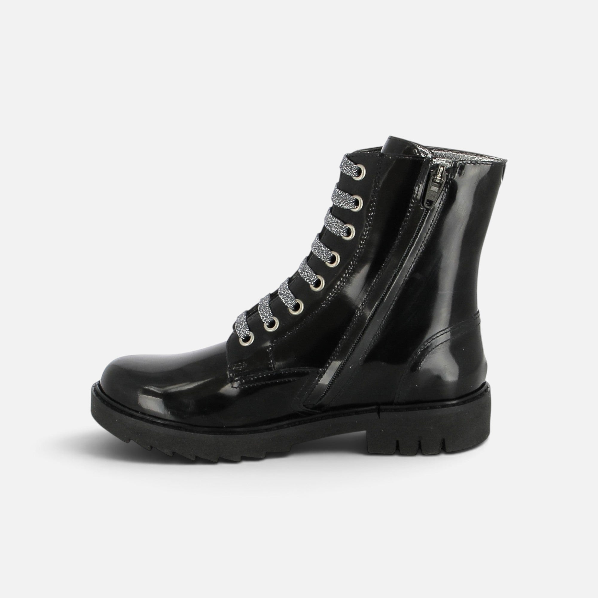 Boots Pom d'Api Sid Ranger en cuir verni noir avec lacets pailletés, semelle crantée et fermeture éclair latérale