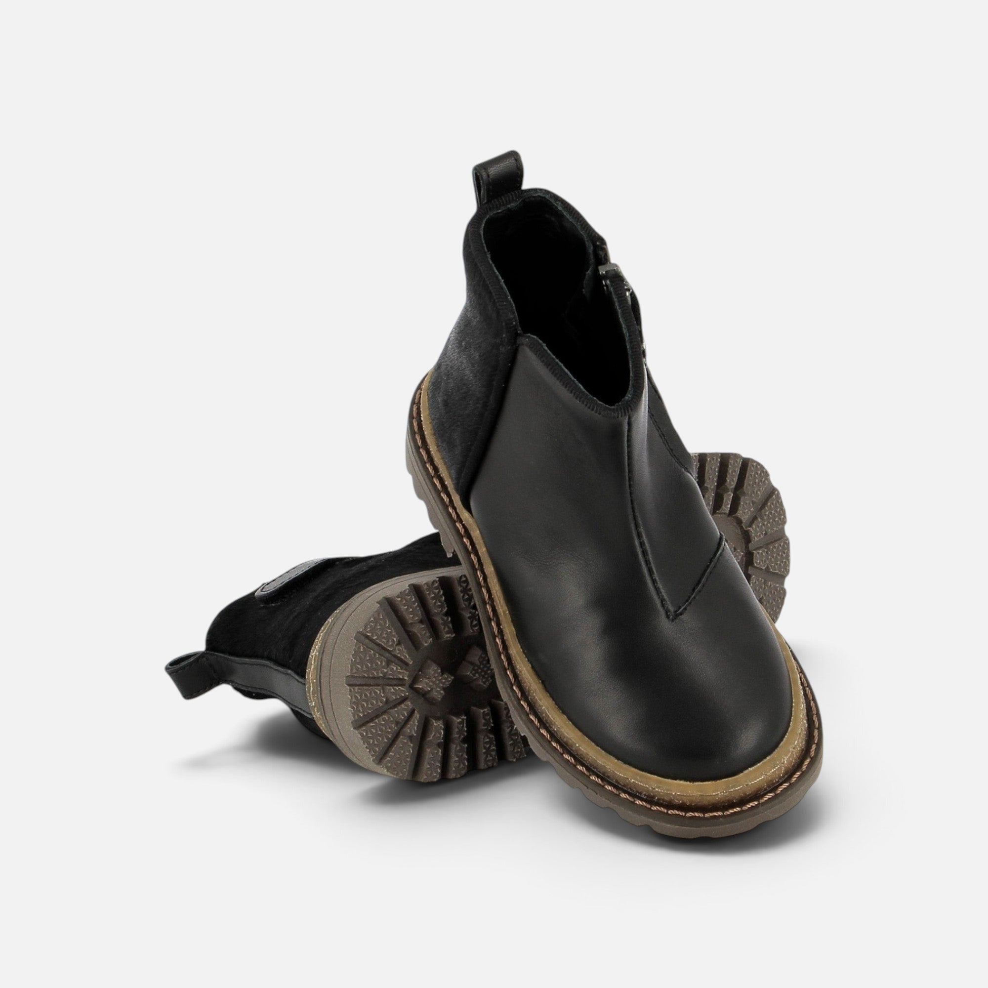 Boots Pom d'Api Wall noires pour enfant en cuir lisse et cuir à poils avec semelle crantée et fermeture zippée