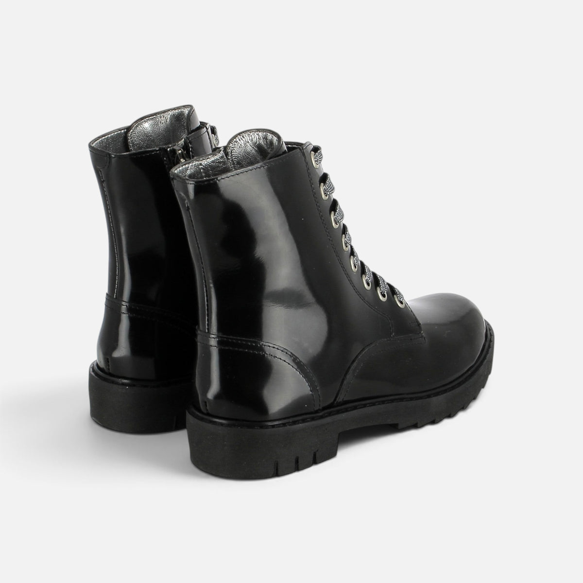 Boots Pom d'Api Sid Ranger noires en cuir verni avec semelle crantée épaisse et doublure intérieure métallisée