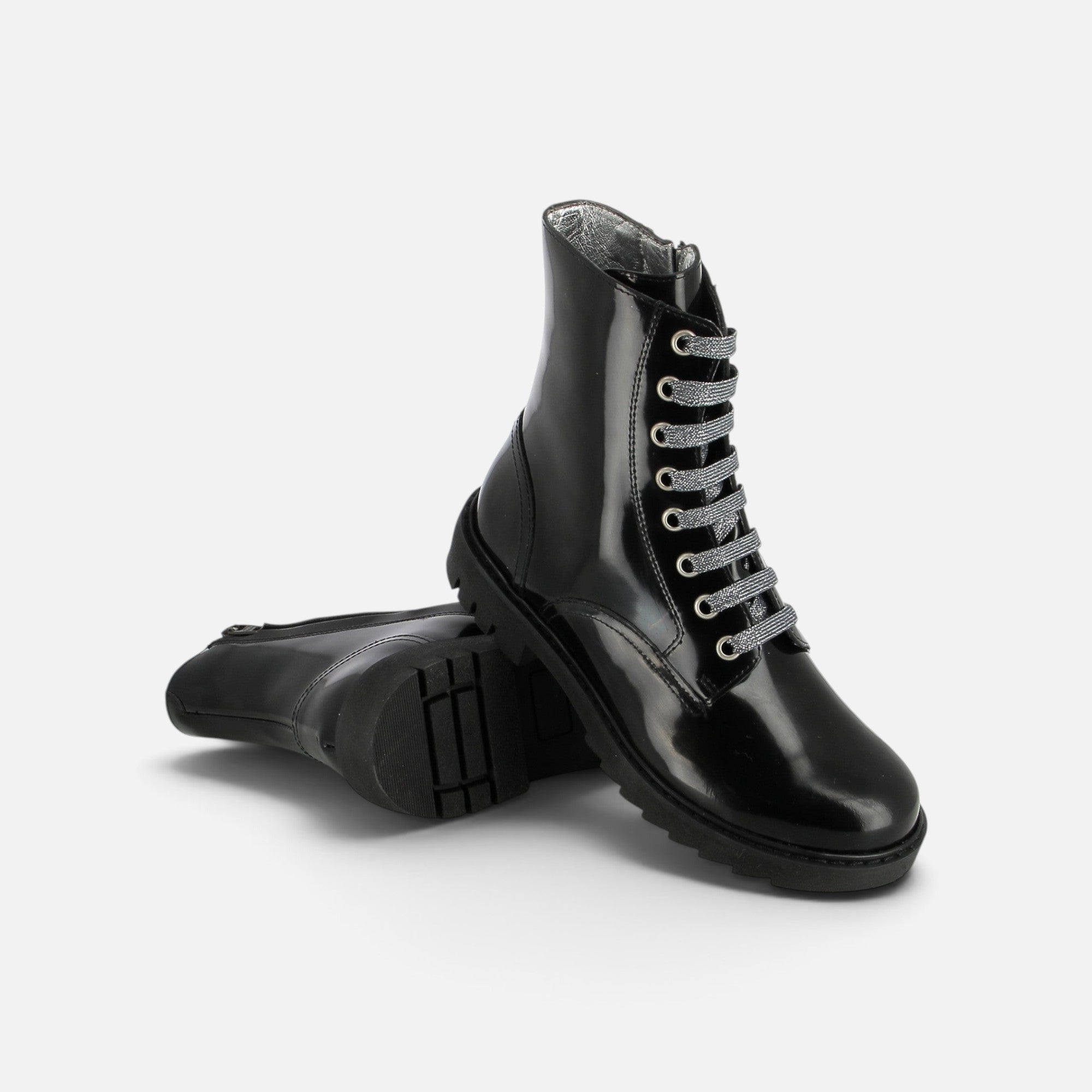 Boots Pom d'Api Sid Ranger noires en cuir verni avec lacets pailletés, semelle crantée et zip latéral