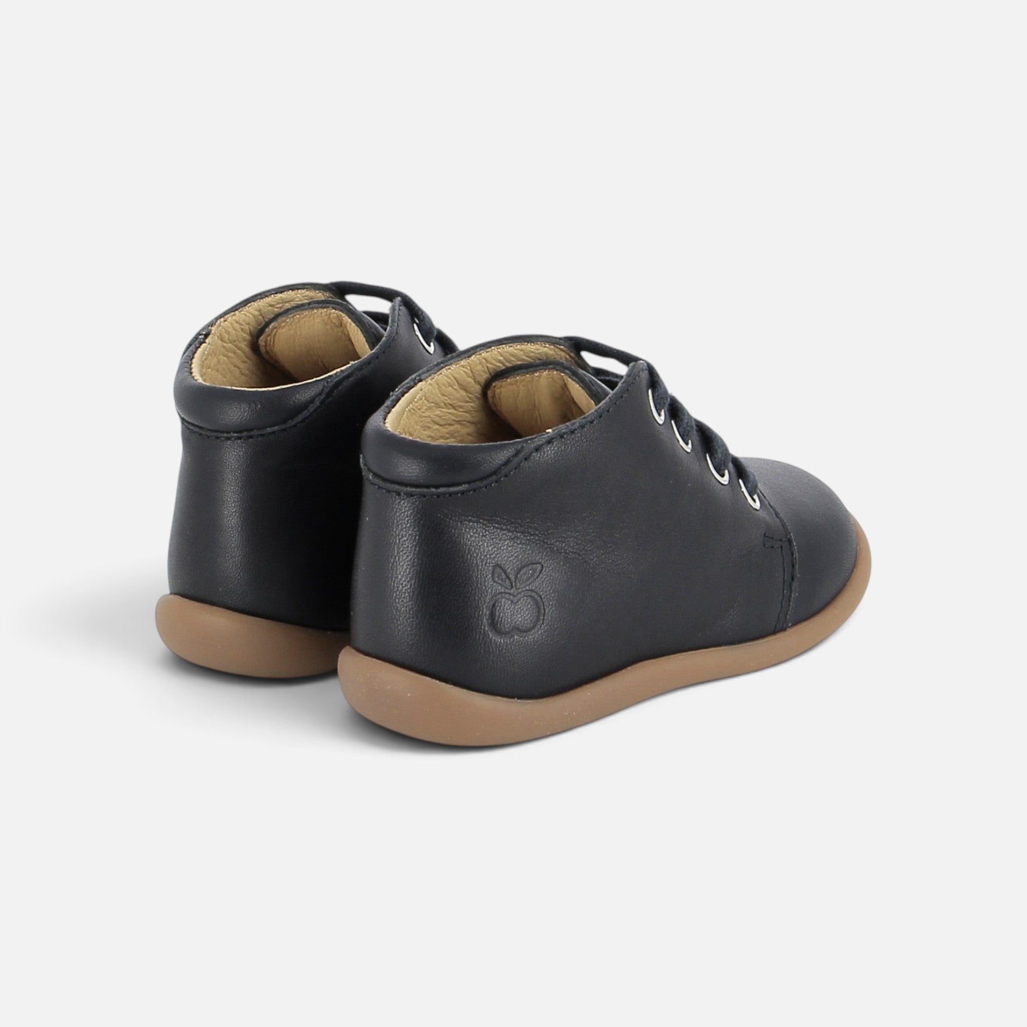 Bottines premiers pas Pom d'Api en cuir nappa bleu marine avec semelle souple et col matelassé