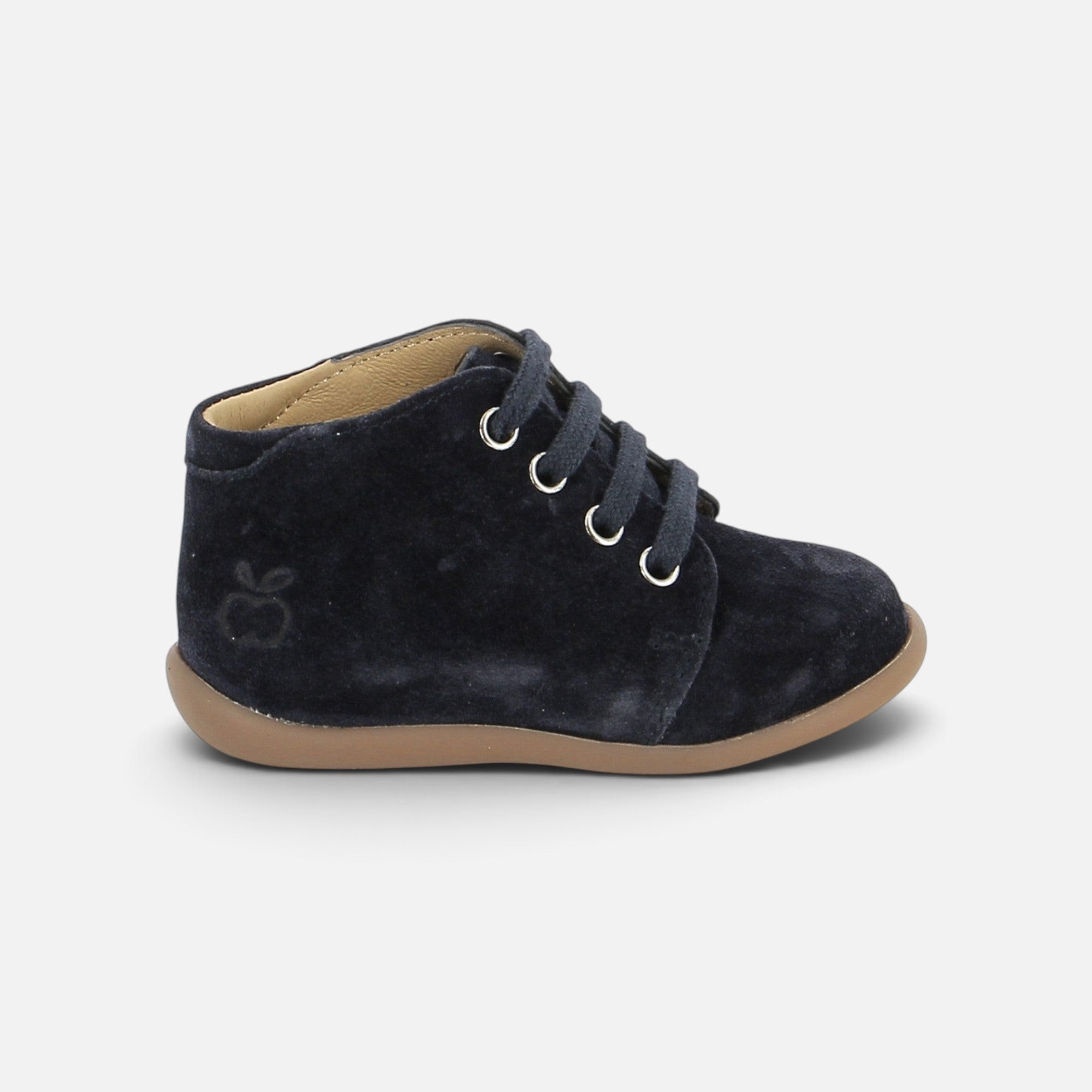 Bottine premiers pas Pom d'Api Stand-Up en velours bleu nuit avec semelle souple et lacets